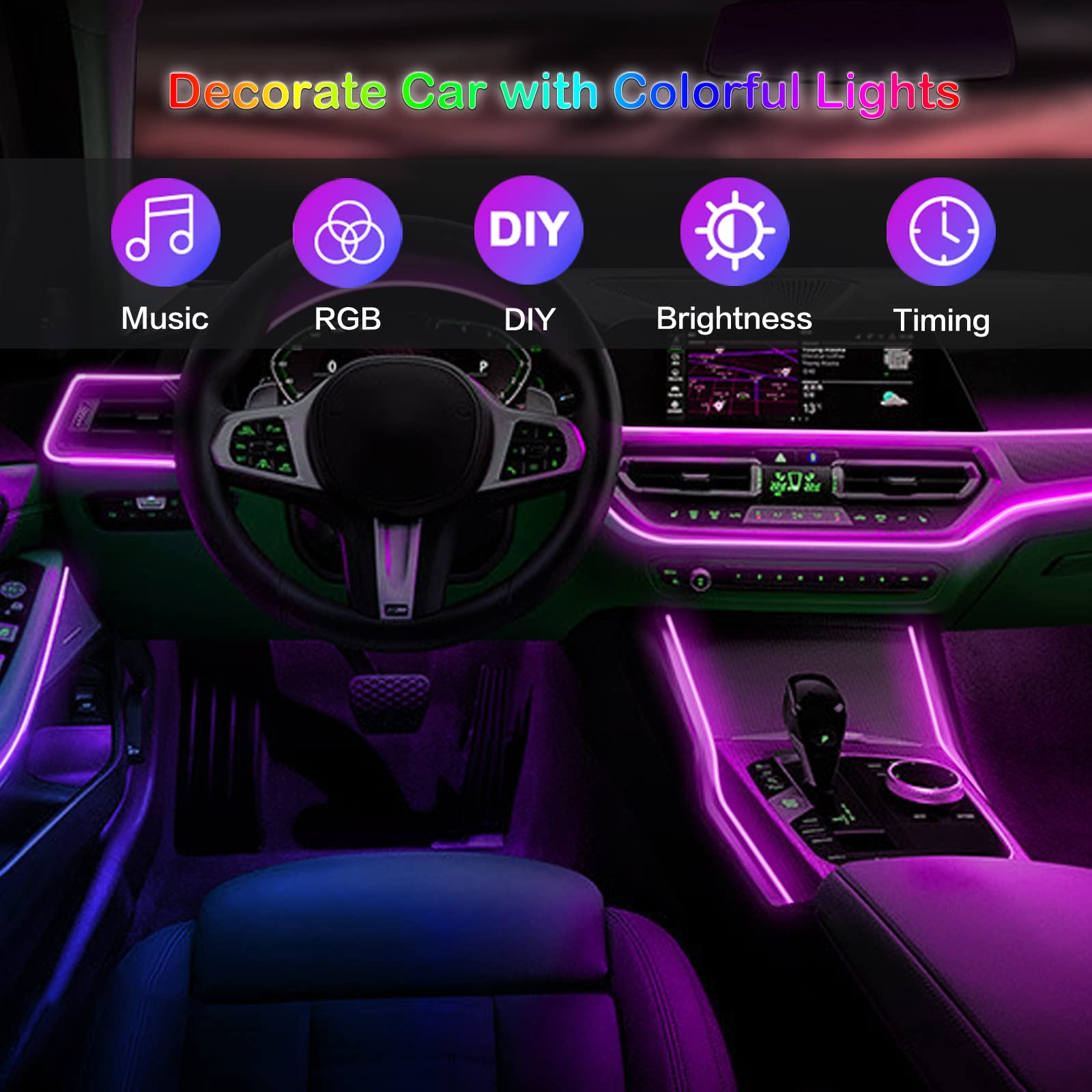 LED-Auto-Innenraum-Umgebungsstreifenlichter, RGB-Faseroptik-Atmosphären-Neon-Beleuchtungsset mit APP-Fernbedienung, Auto-Dekorationslampen