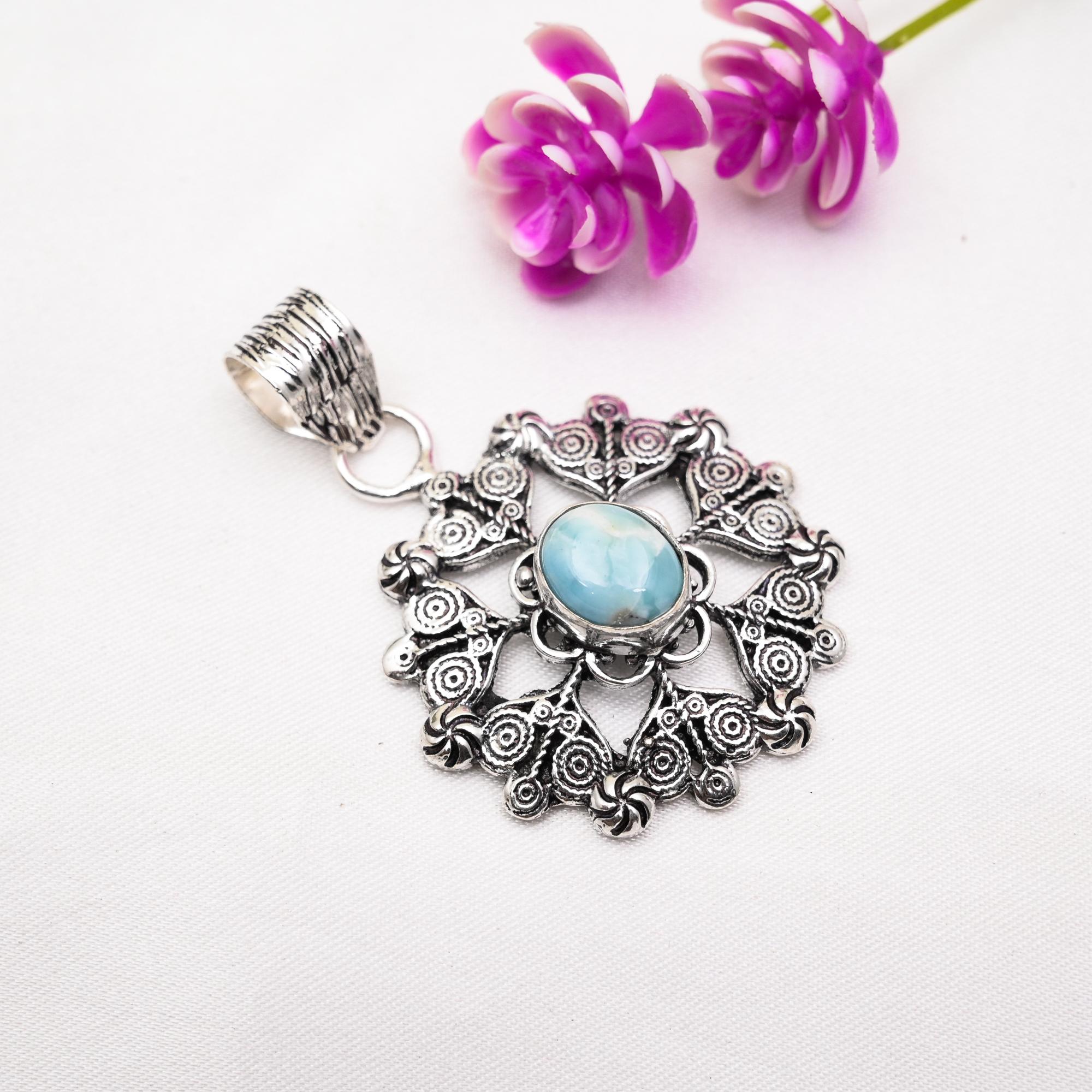Larimar Pendant Gemstone Jewelry, 925 Solid Sterling Silver Pendant, Handmade Jewelry Birthstone Pendant, Gift For Him