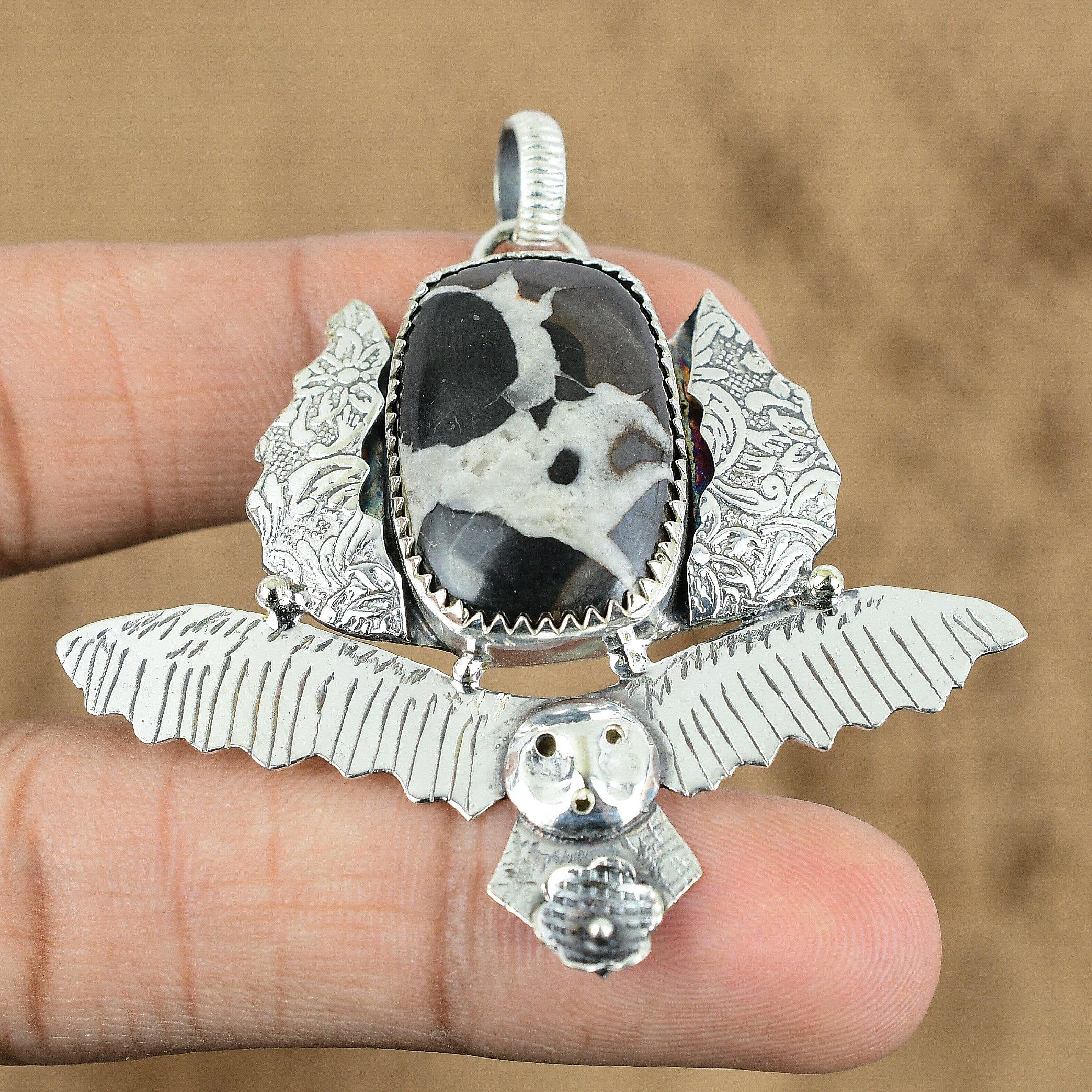 Wedding Gift For Her 925 Silver Natural Moroccan Mud Crack Fossil Pendant Owl