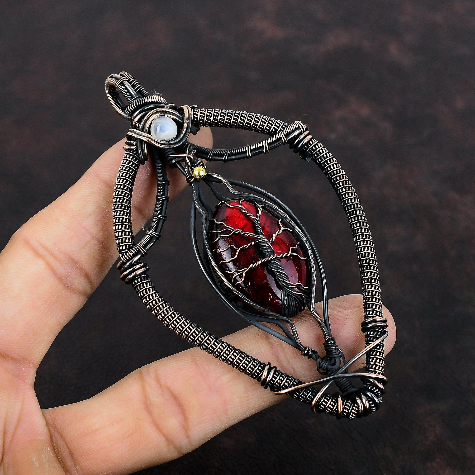 Baum des Lebens Roter Feuer-Labradorit Anhänger Kupferdraht umwickelter Anhänger Regenbogenmondstein Schmuck Edelsteinanhänger Handgefertigter Schmuck zum Geschenk