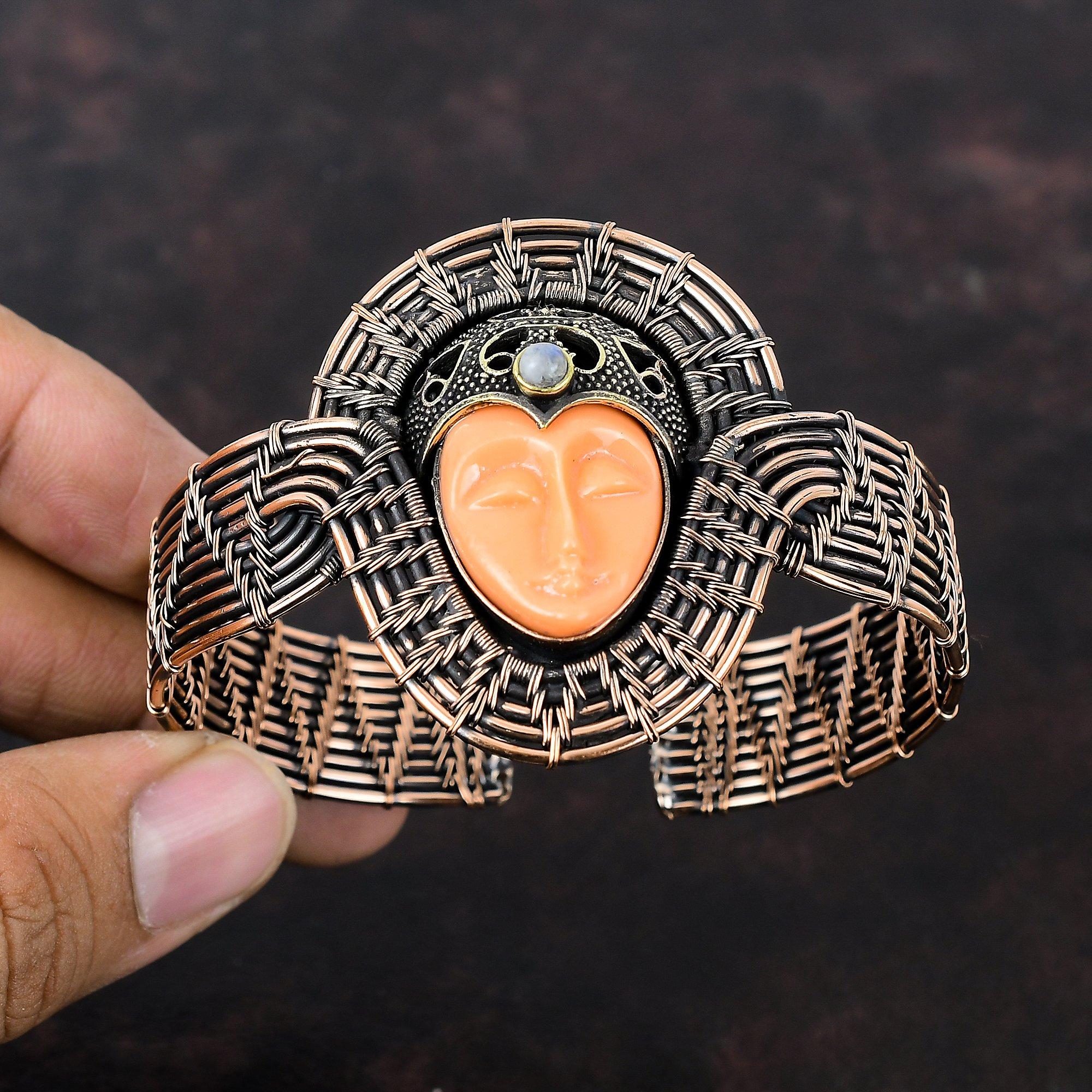 Orange Carved Bone Face Cuff Bracelet Copper Wire Wrapped Bangle Adjustable Cuff Bracelet Handmade Gemstone Jewelry Rainbow Moonstone Bangle