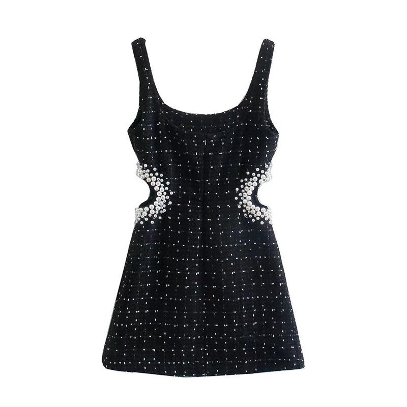 Autumn and Winter Women's Faux Pearl Decoration Chunky Spun Waistless Halter Dress