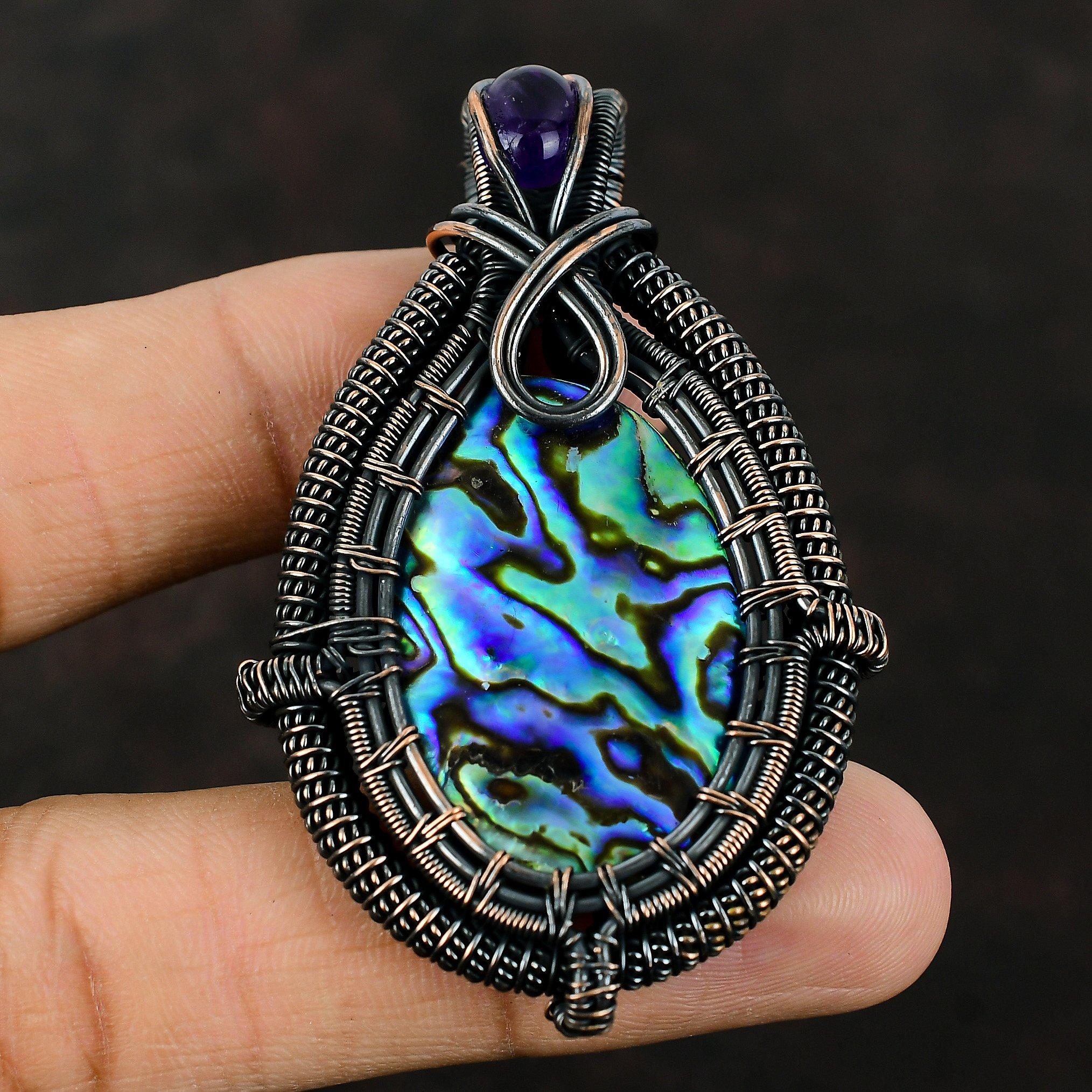 Abalone Shell Pendant Copper Wire Wrapped Pendant Gemstone Jewelry Handmade Pendant Gift For Him African Amethyst Pendant Wire Jewelry Gift
