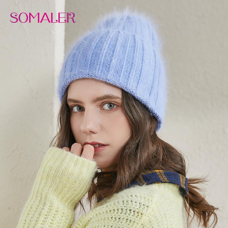 SOMALER Winter Cuff Beanie Angola Rabbit Fur Hats for Women Candy-colored Ski Cap
