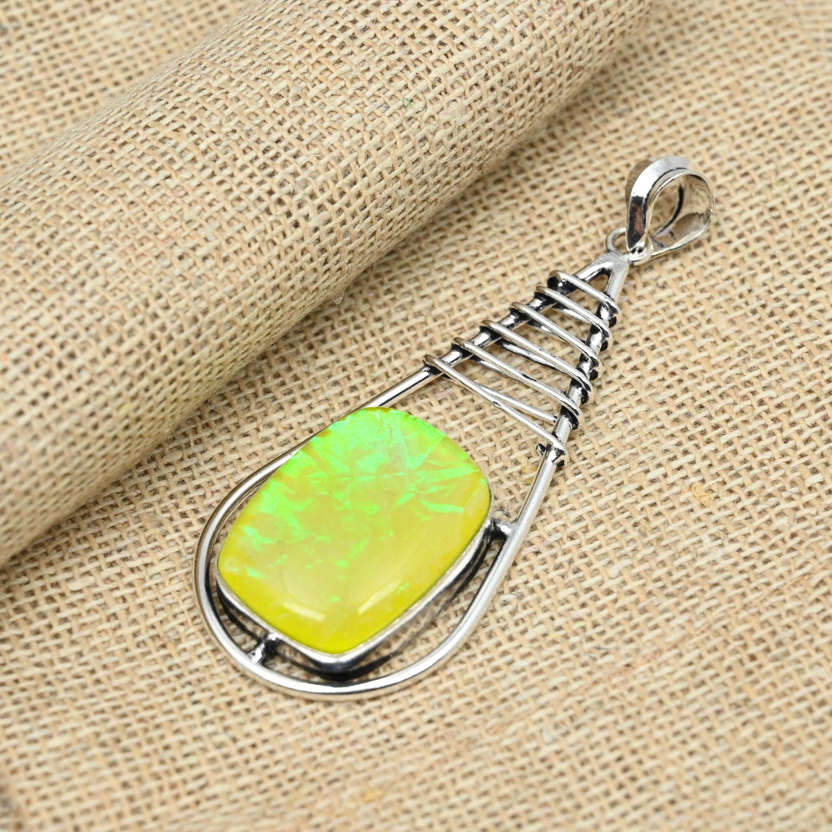 Solid 925 Sterling Silver Yellow Australian Triplet Opal Gemstone Pendant Jewelry Handmade Gift For Her