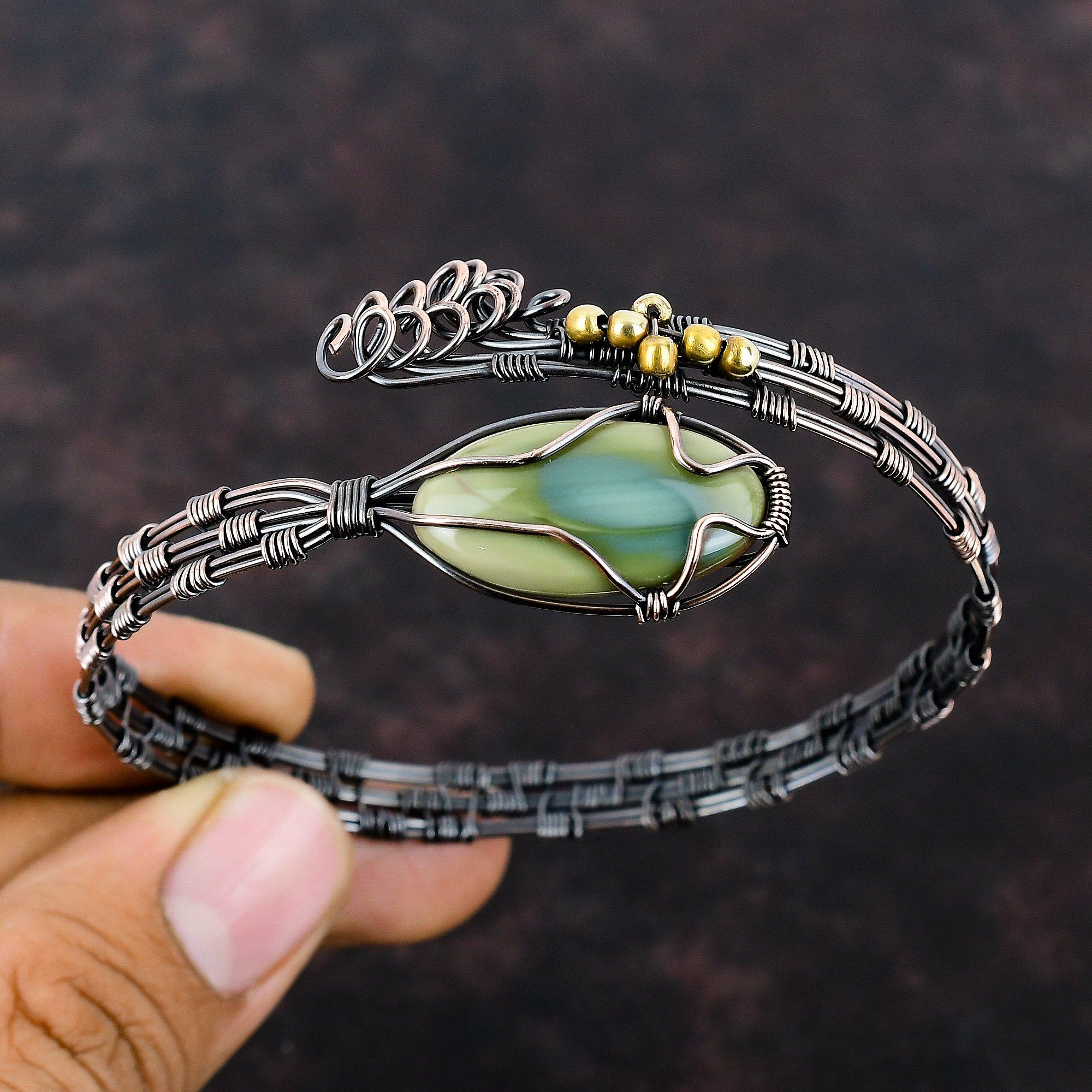 Kaiserjaspis Armreif Kupferdraht umwickelt Armspange Verstellbarer Armreif Edelstein Armreif Handgemachte Armspange Kupferschmuck zum Geschenk