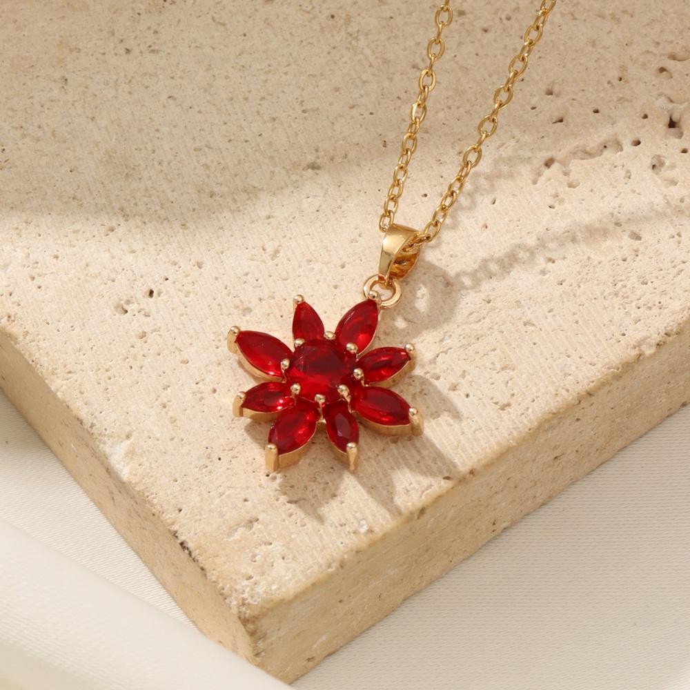 1 Piece Trendy Red/green Zircon Flowers Pendant Necklaces for Women Gold Color Stainless Steel Necklace Jewelry Party Accessories