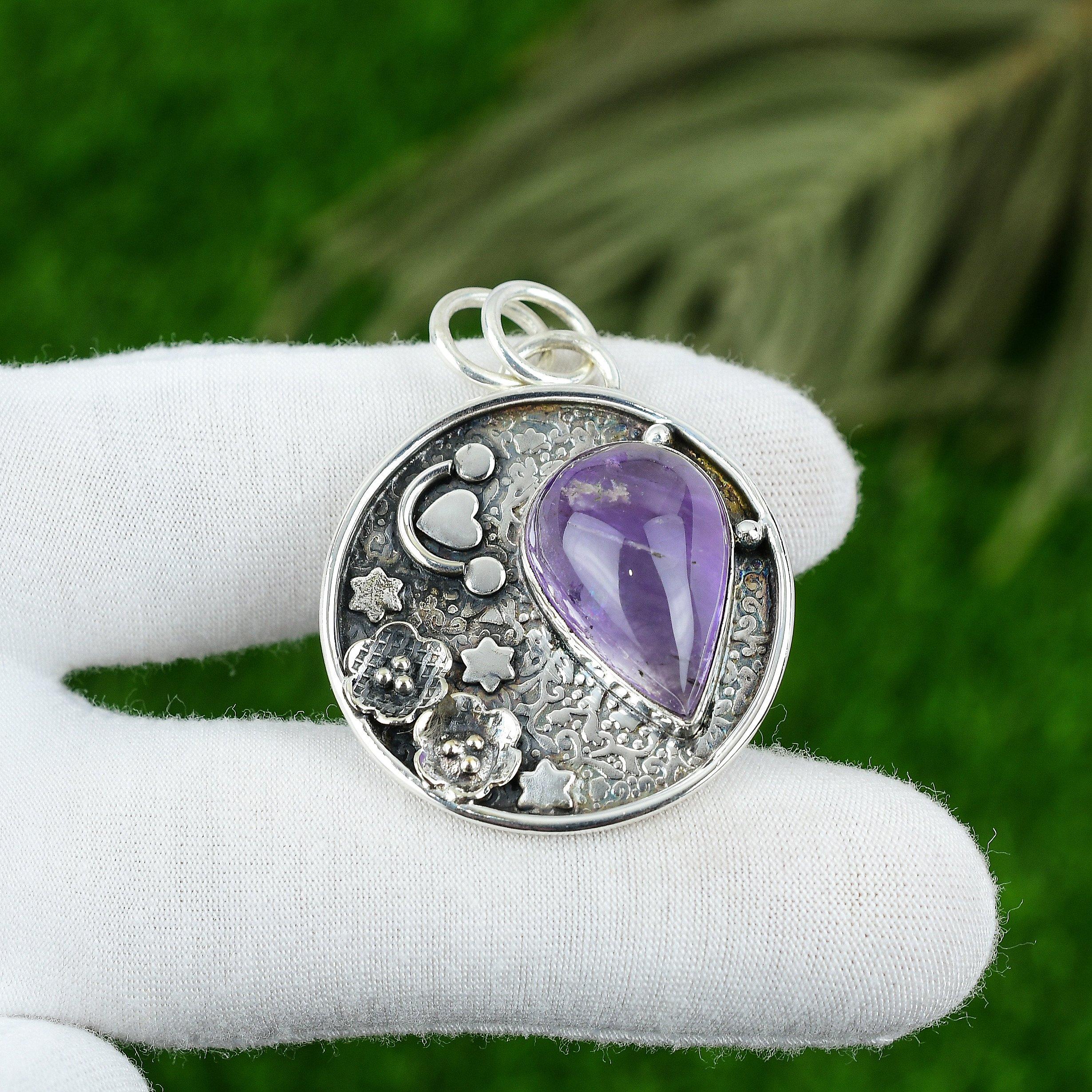 Natural Star Amethyst Gemstone Pendant Purple 925 Sterling Silver Indian Jewelry