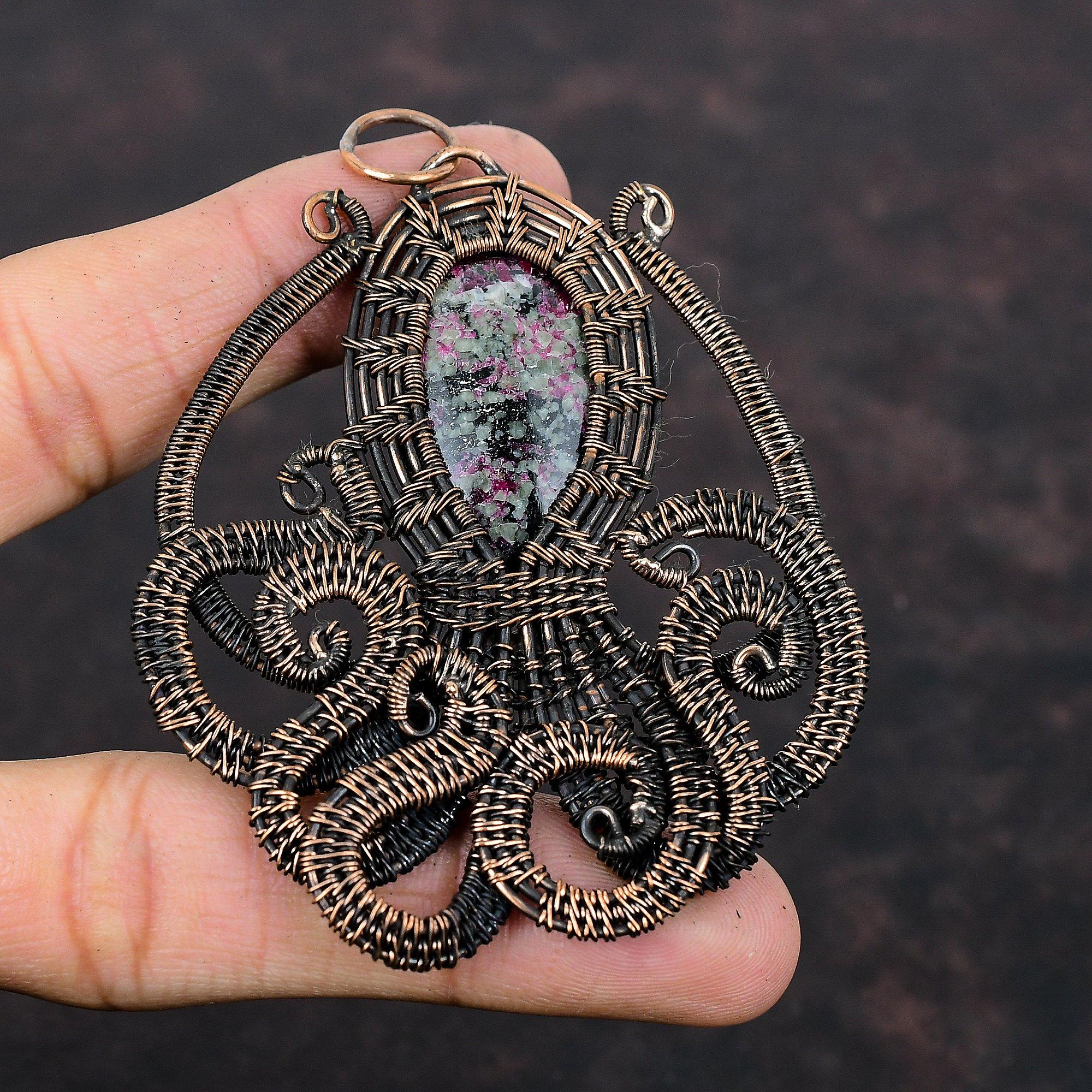 Eudialyte Gemstone Pendant Copper Wire Wrapped Pendant Octopus Jewelry Handmade Pendant Unique Pendant Copper Wire Wrap Jewelry Gift For Her