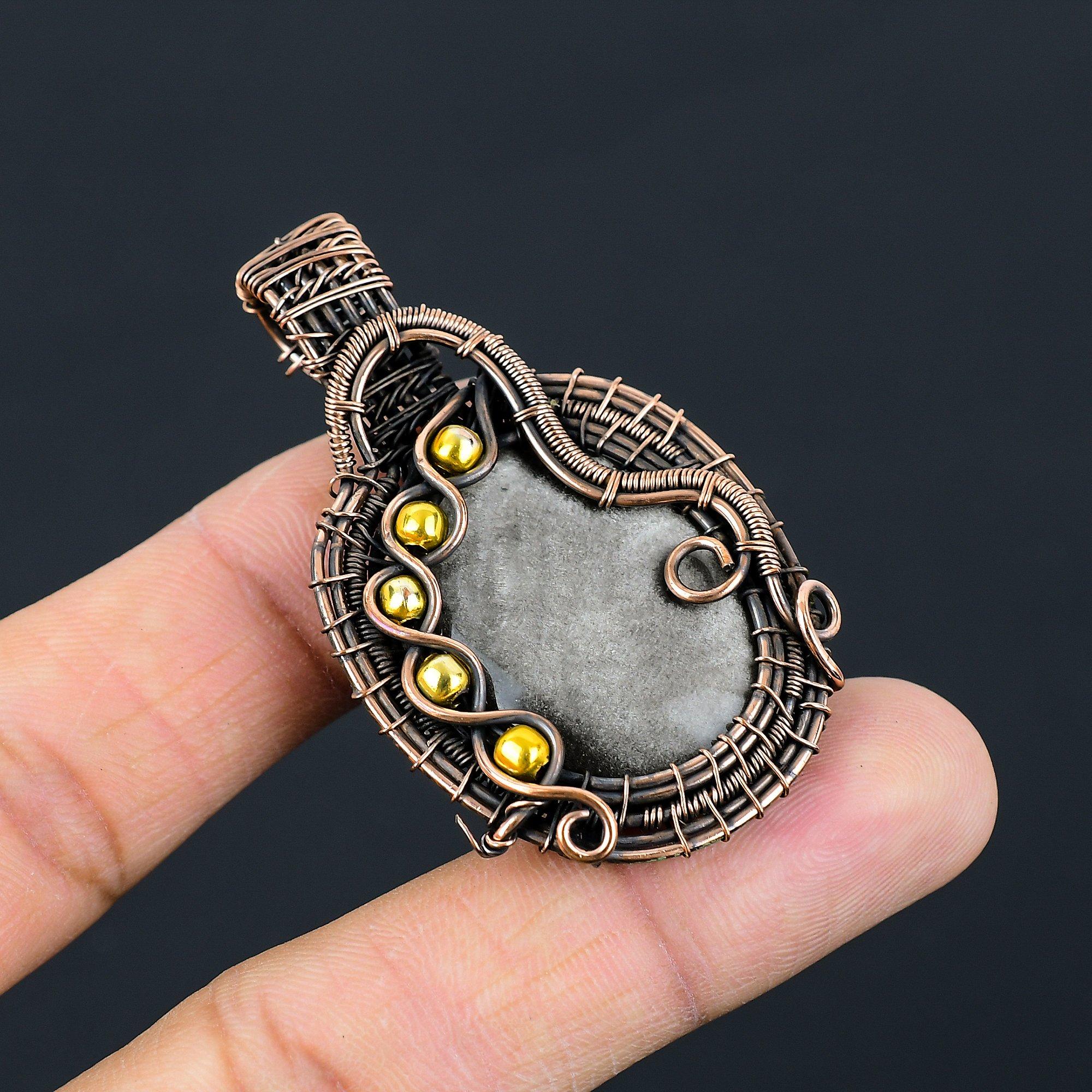 Πολύτιμος λίθος από ασημί γυαλάδα οψιδιανός από καθαρό σύρμα χαλκού τυλιγμένο χειροποίητο κρεμαστό κόσμημα για δώρο