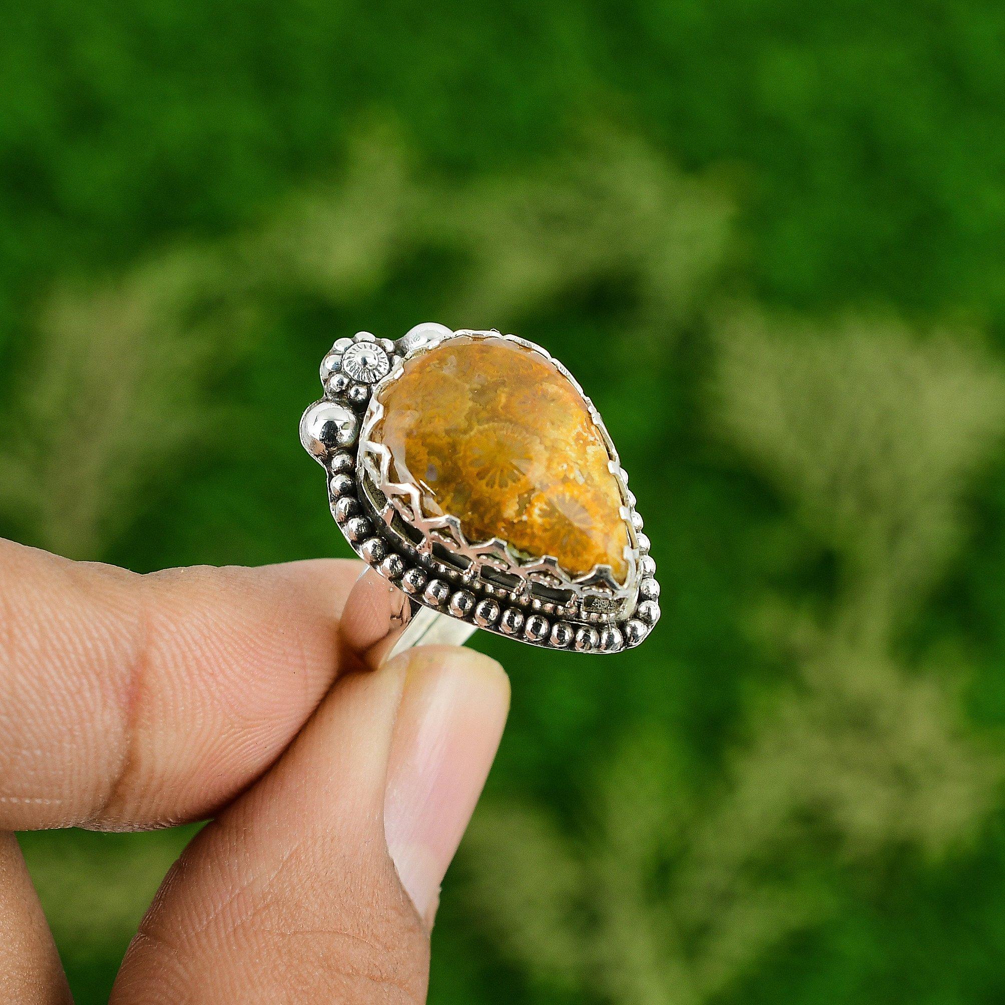 Natural Fossil Coral Gemstone Promise Brown Adjustable Ring 925 Sterling Silver
