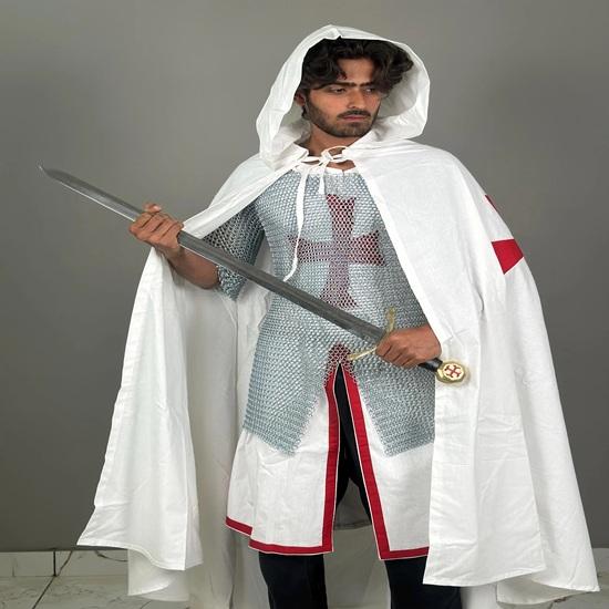 White Templar Cloak Holy Cross  Crusader Cloak Upper Inner with Chainmail Medieval Knight Armor Cloak LARP Cosplay Costume