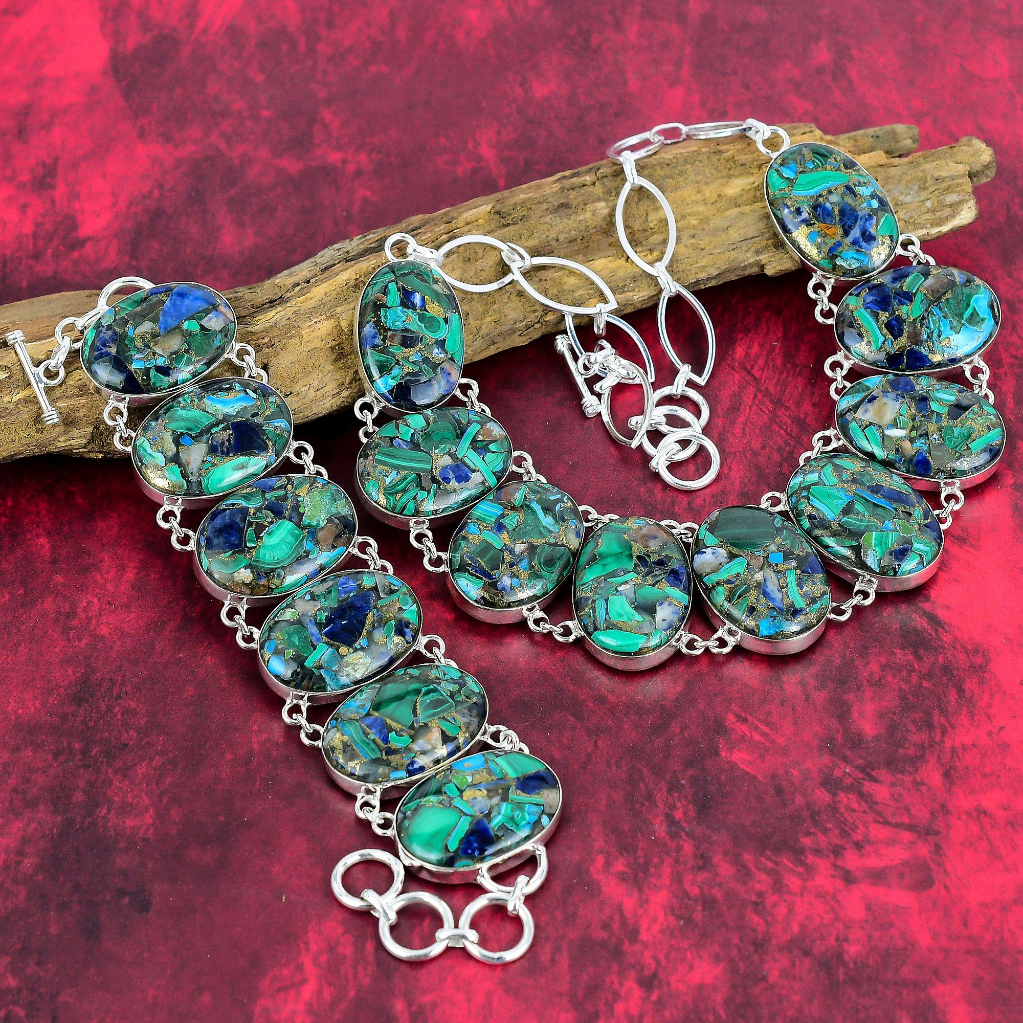 Copper Malachite Azurite Handmade Jewelry, 925 Solid Sterling Silver Necklace & Bracelet Jewelry Set, Gorgeous Gemstone Azutite Jewelry For Women