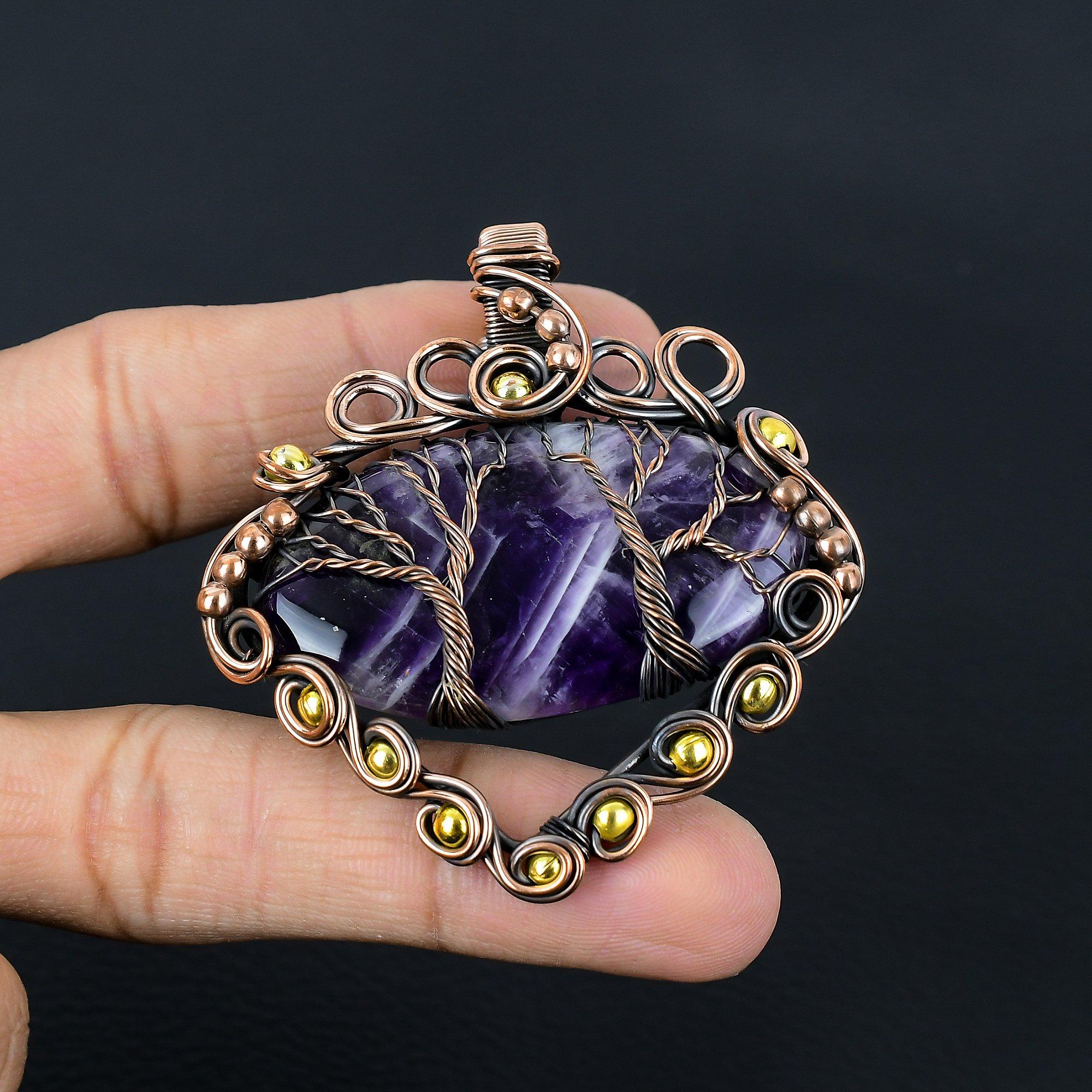 Double Tree Of Life Sage Amethyst Gemstone Handmade Copper Wire Wrap Jewelry Pendant