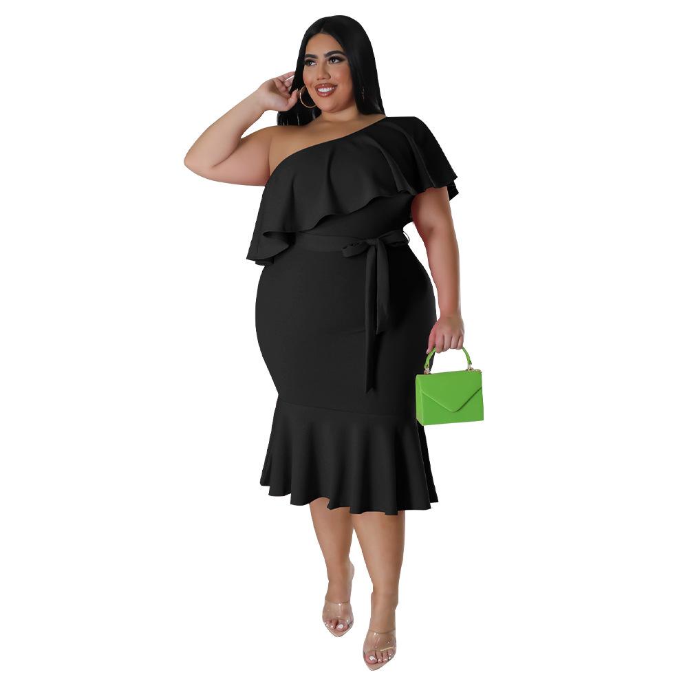 Abiti Midi da Donna Taglie Forti Moda Casual con Bordi Arricciati