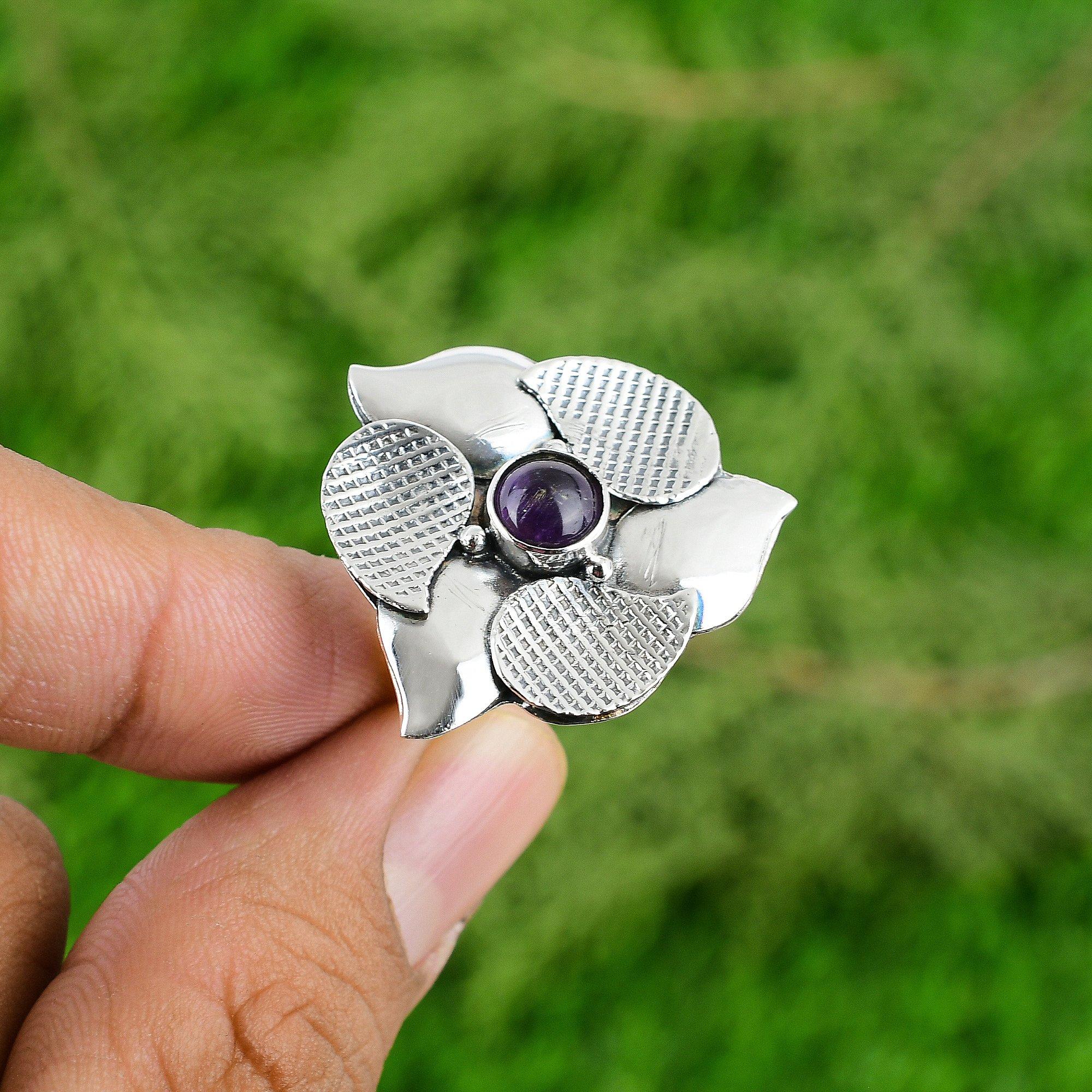 Sterling Silver February Round Natural African Amethyst Flower Boho Promise Ring