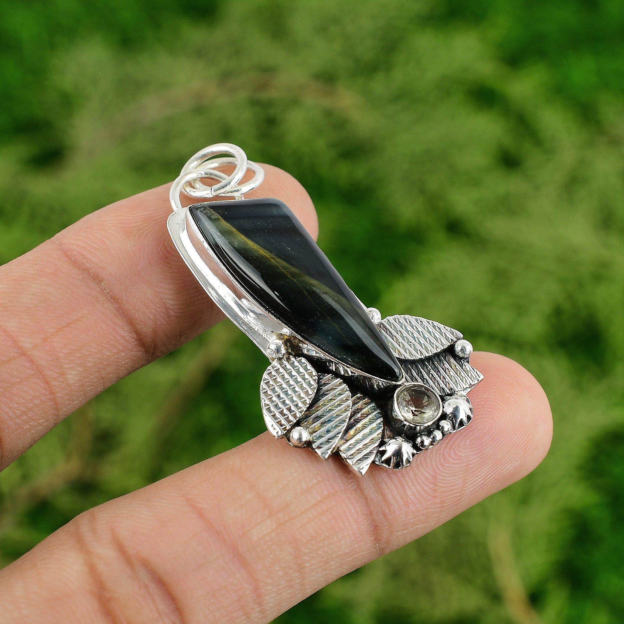 925 Sterling Silver Nellite Gemstone White Topaz Bezel Birthday Pendant Jewelry