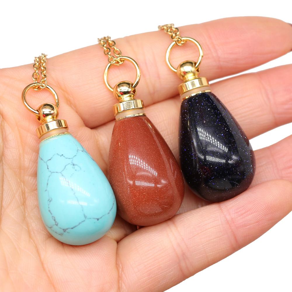 1Pc, Crystal Perfume Bottle Pendant Necklace - Natural Stone Charms with Golden Chain | Boho Chic Jewelry, Gifts for Her, Women's Fashion Accessories