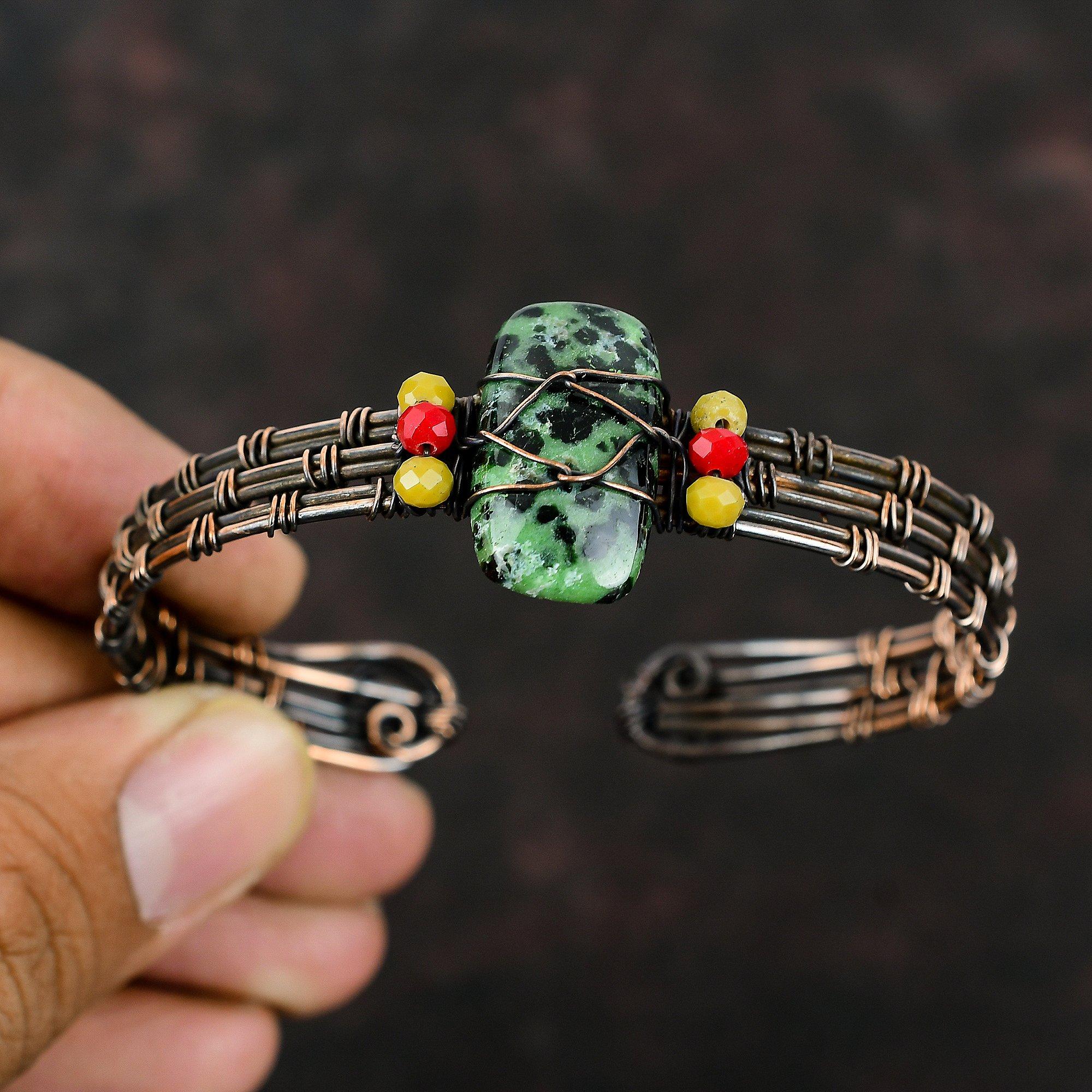 Ruby Zoisite Copper Cuff Bracelet Yellow & Red Coral Beads Bangle Copper Wire Wrapped Jewelry Adjustable Bracelet Gemstone Handmade Jewelry