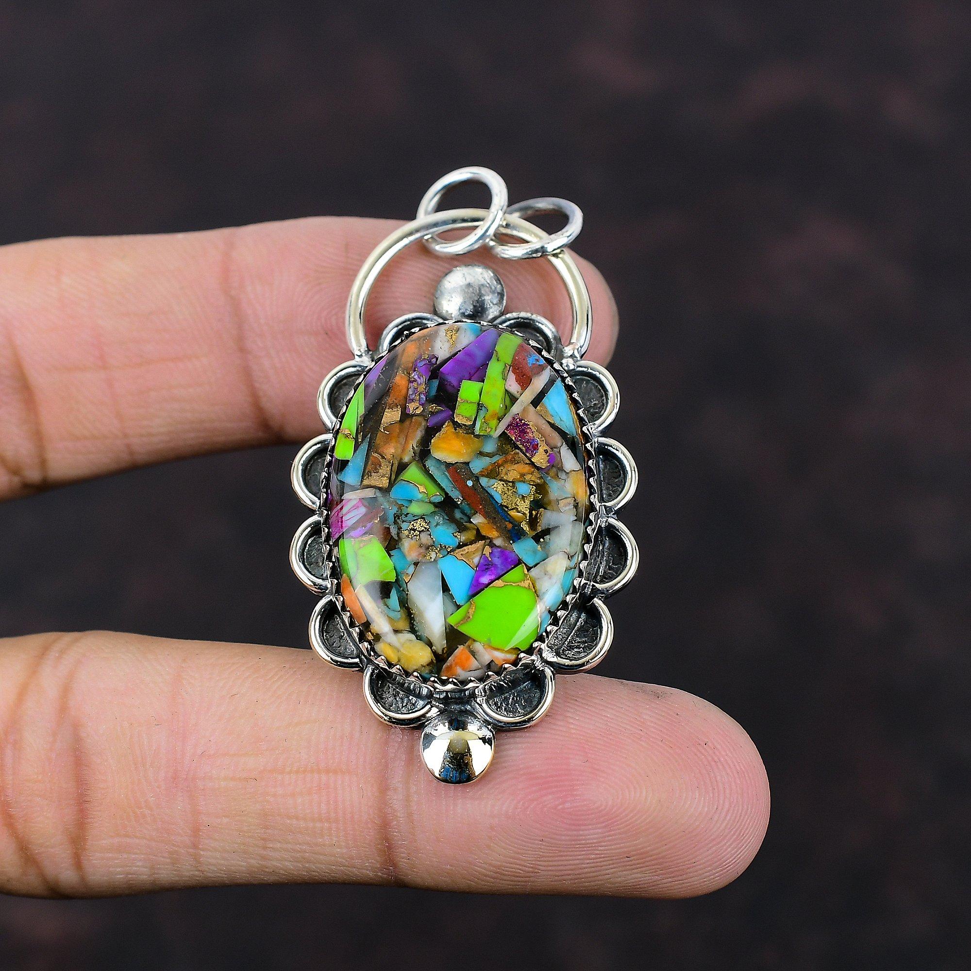 Fiesta Kingman Türkis-Anhänger, handgefertigter natürlicher Edelstein-Anhänger, 925er Sterlingsilber-Anhänger, Multi-Kupfer-Türkis-Anhänger, Silberschmuck