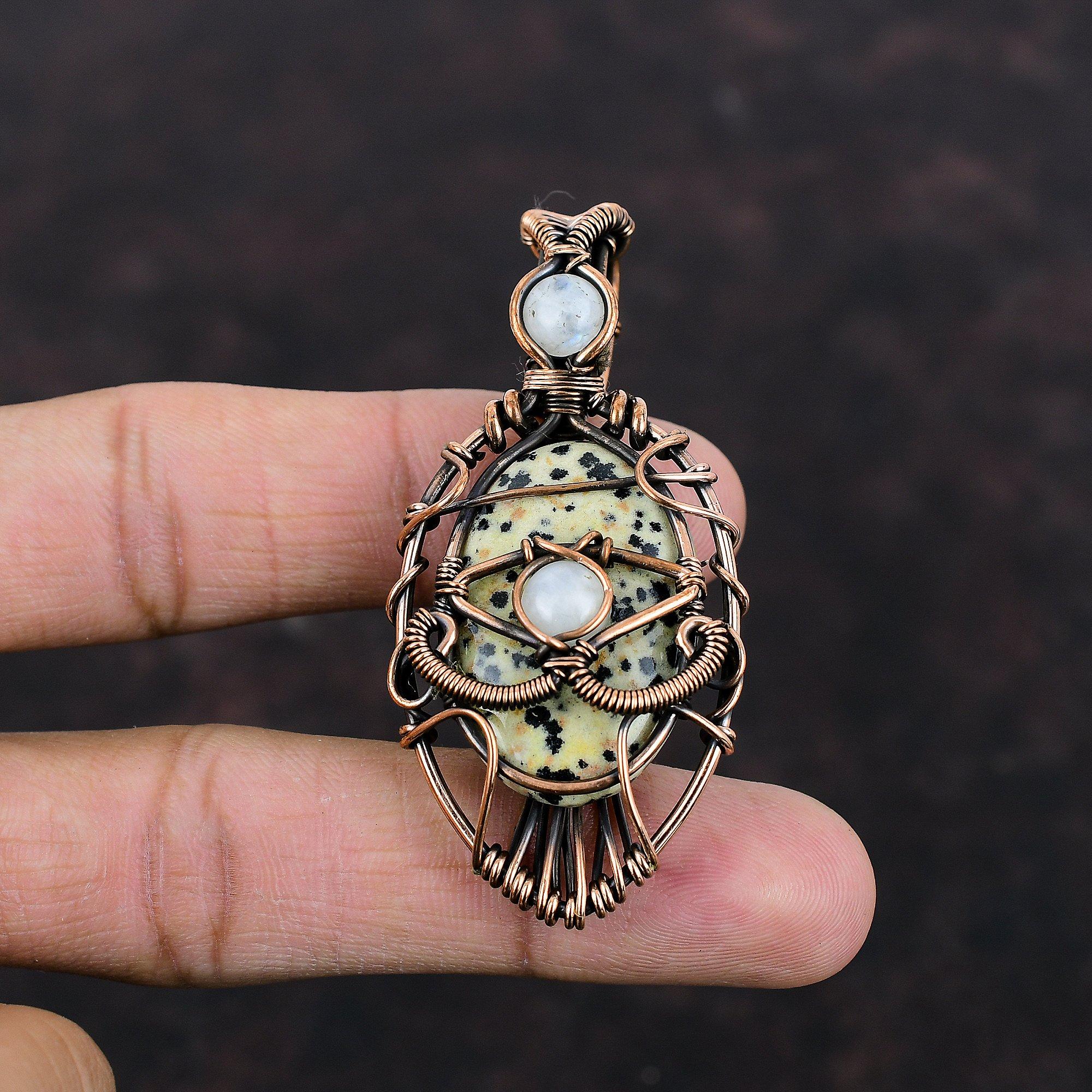 Böser Blick Dalmatiner Jaspis Anhänger Kupferdraht umwickelter Edelsteinanhänger Regenbogenmondstein Anhänger Handgefertigter Kupferschmuck Geschenk für Verlobung