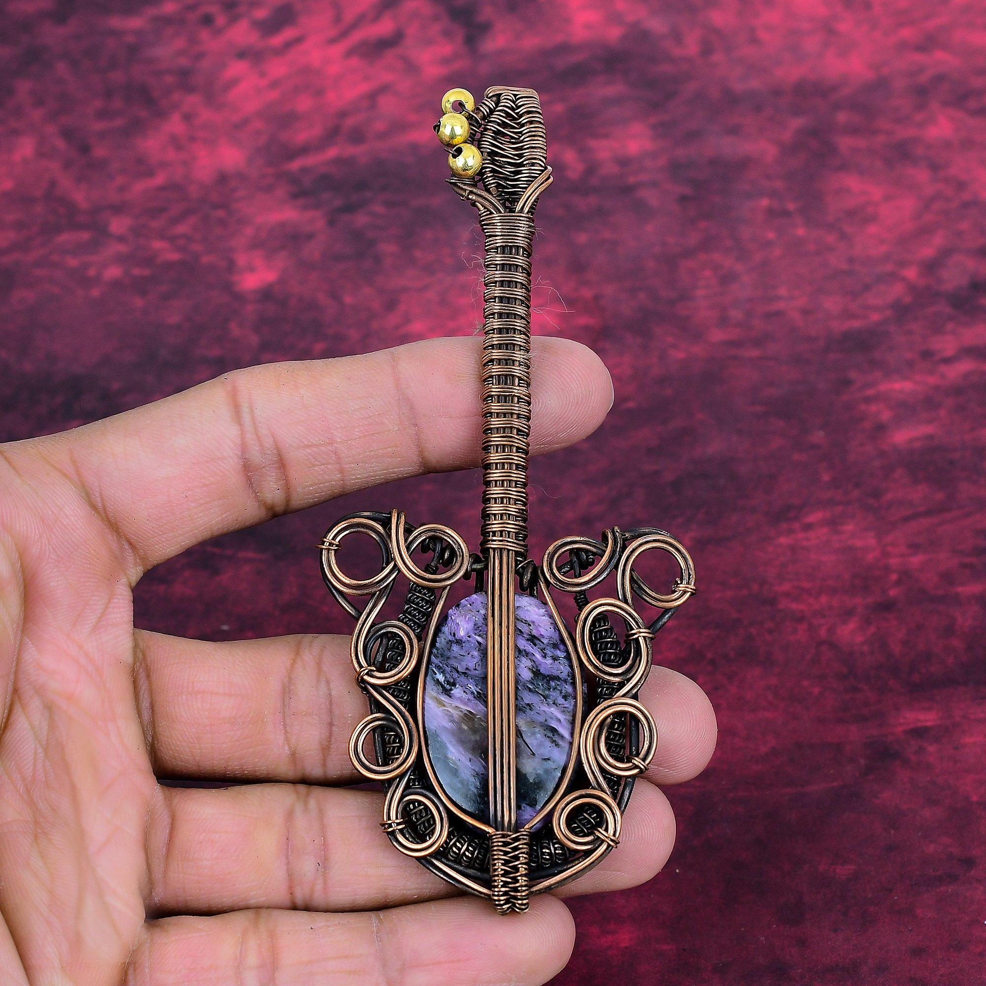 Charoite Pendant Copper Wire Wrapped Gemstone Pendant Handmade Guitar Jewelry
