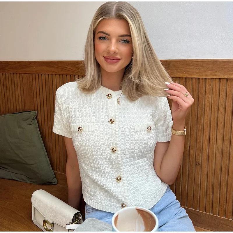 Elegant Knitted Tweed Cardigan Women Solid Single Breasted O-neck Short Sleeve Sweater Vest 2024 Autumn New Lady All-match Tops