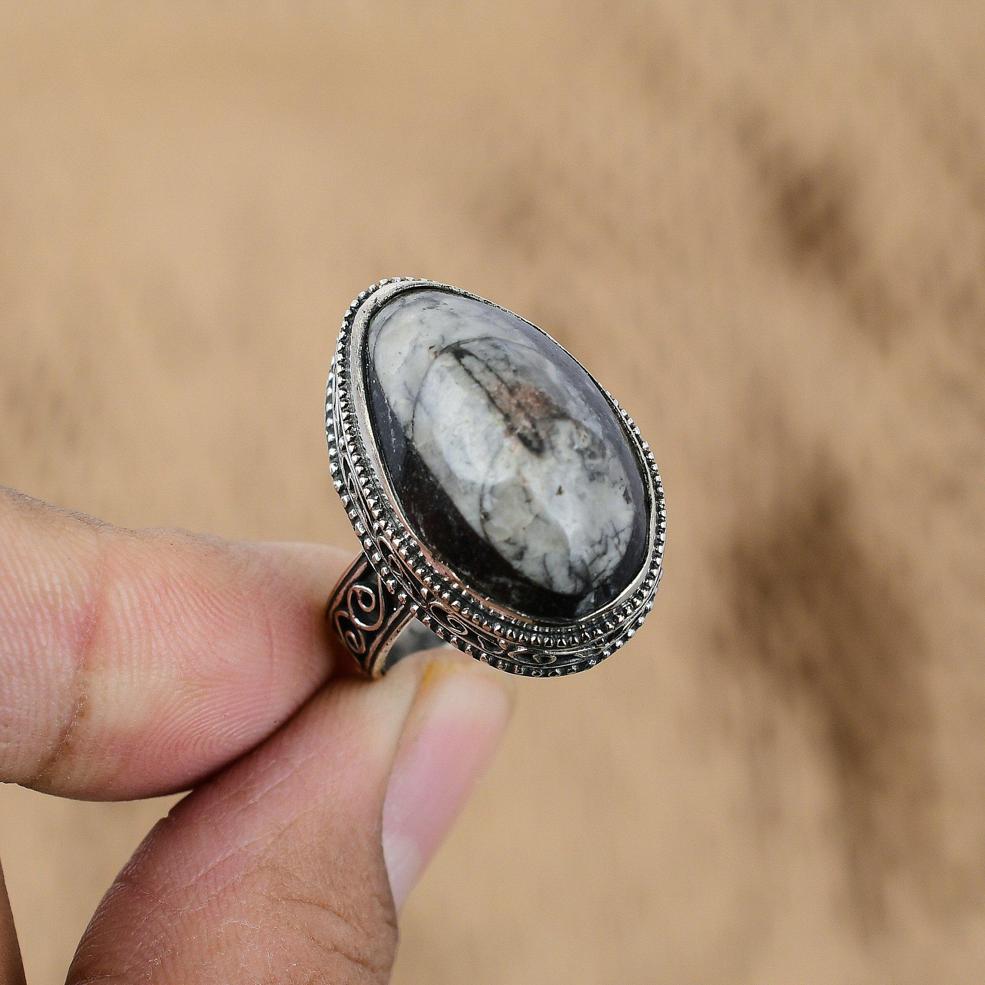Natural Orthoceras Fossil Multi Stone Vintage Gray Ring Size 9 925 Silver