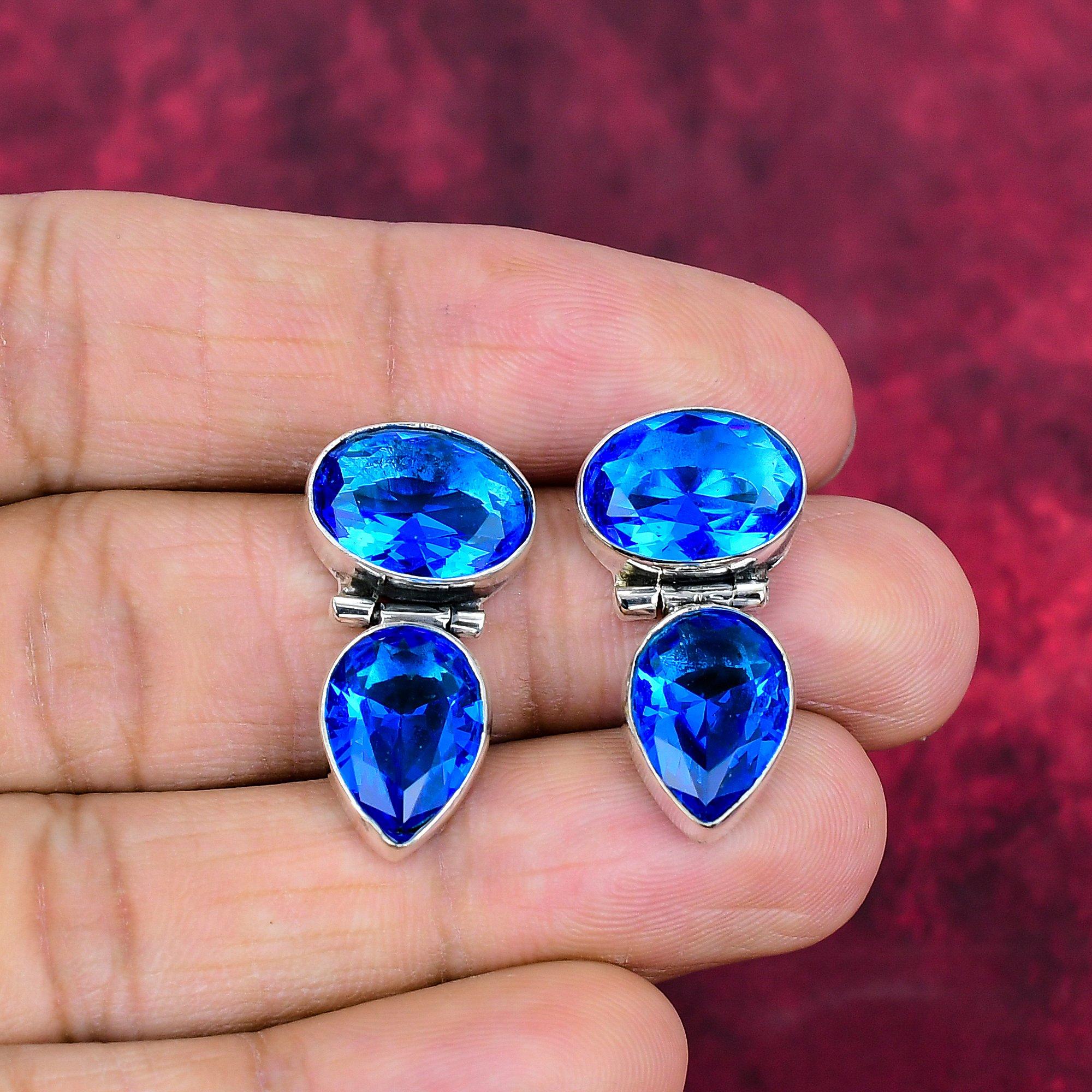 Modré náušnice topazu, šperky z masivního stříbra 925, ručně vyráběné náušnice, na díkůvzdání