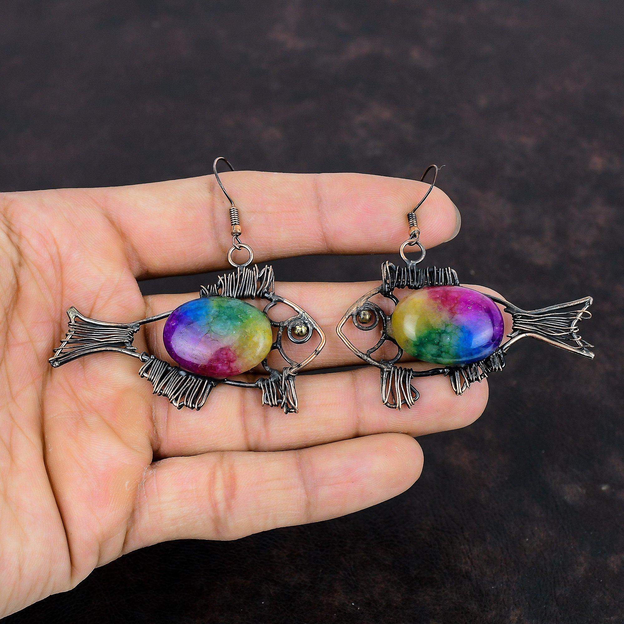 Rainbow Solar Quartz Druzy Earring Copper Wire Wrapped Jewelry Fish Earring Handmade Gemstone Jewelry Copper Wire Wrap Earrings Gift For Mom