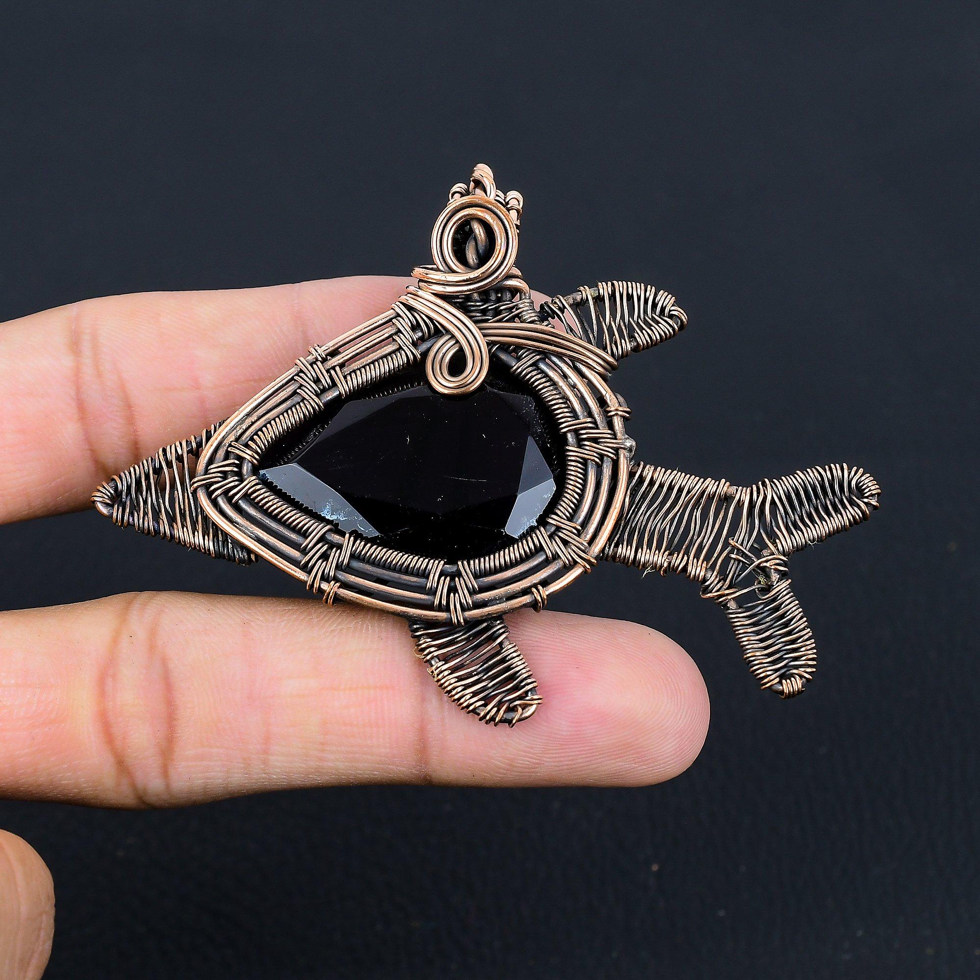 Black Onyx Gemstone Handmade Jewelry Pure Copper Wire Wrapped Fish Pendant