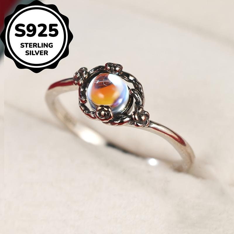 Vintage 925 Sterling Silver Round Moonstone Ring for Women Exquisite Engagement Ring Wedding Band 925 Jewelry