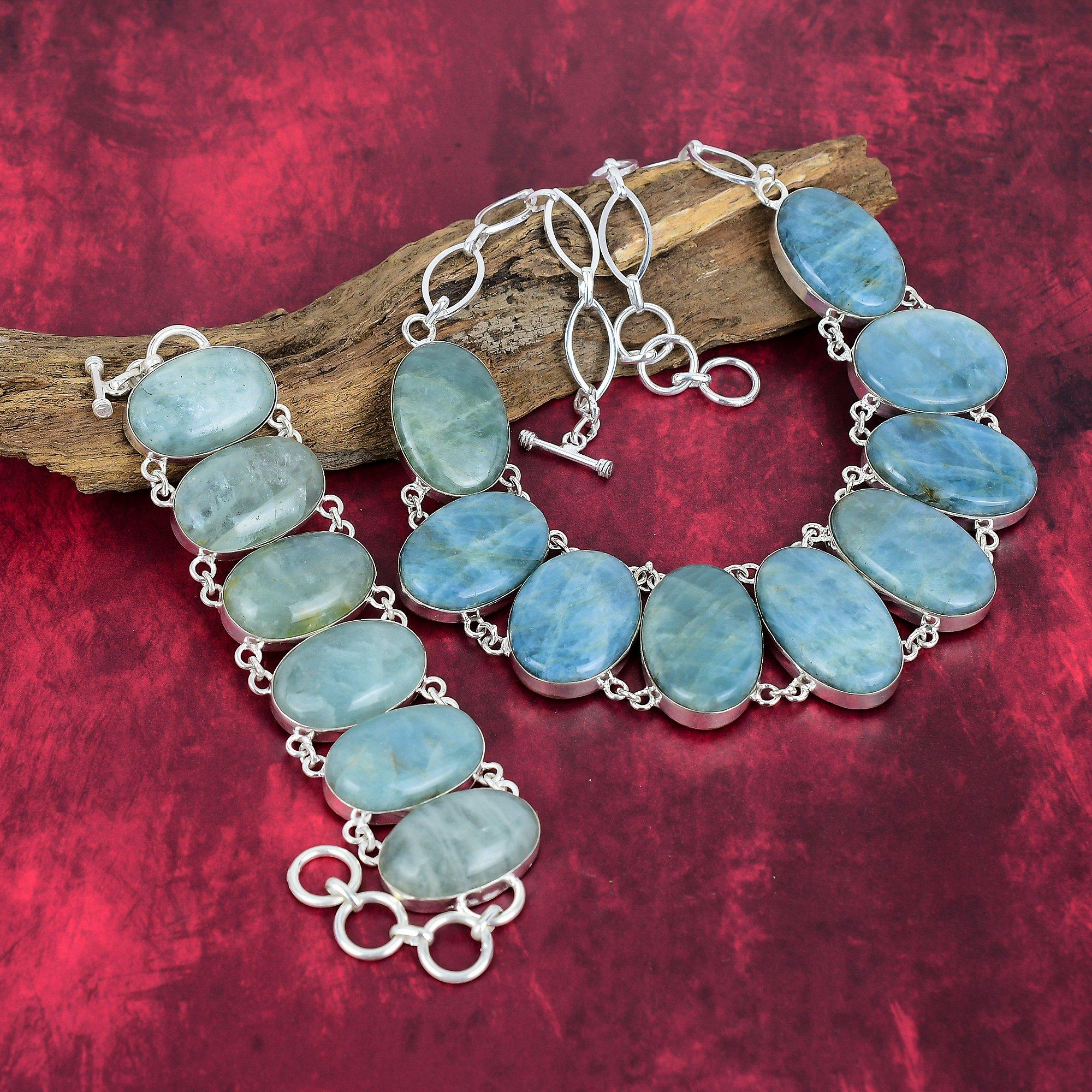 Bijoux en pierres précieuses naturelles aigue-marine, bracelet et collier en argent sterling massif 925, ensemble de bijoux uniques faits main, cadeau pour maman