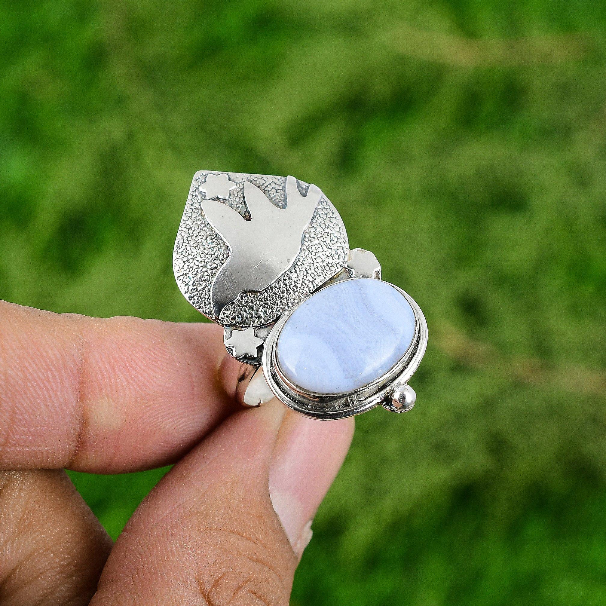 Natural Blue Lace Agate Promise Bird Adjustable Ring 925 Silver For Girls