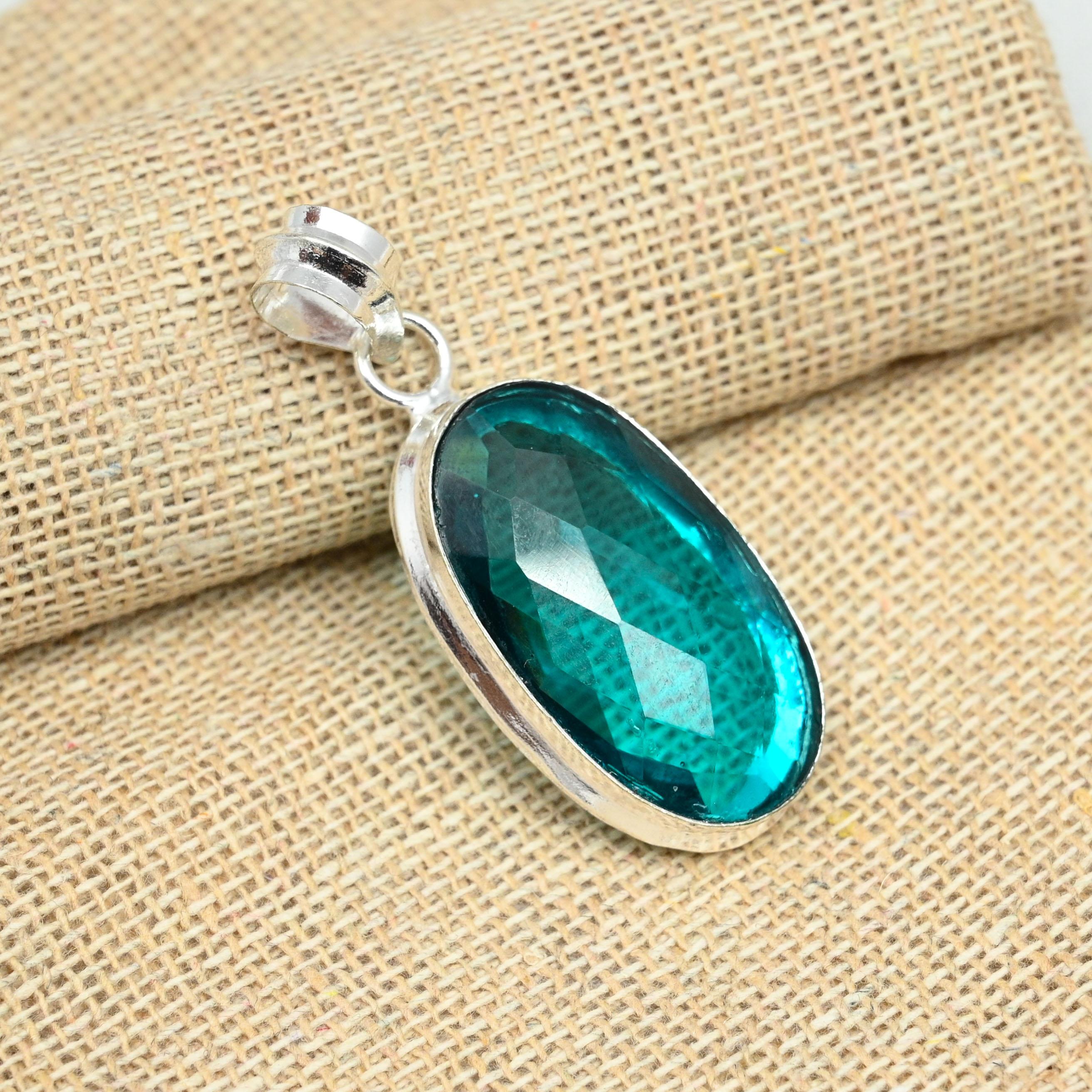 Aqua Apatite Gemstone Solid 925 Sterling Silver Handmade Design Pendant Jewelry