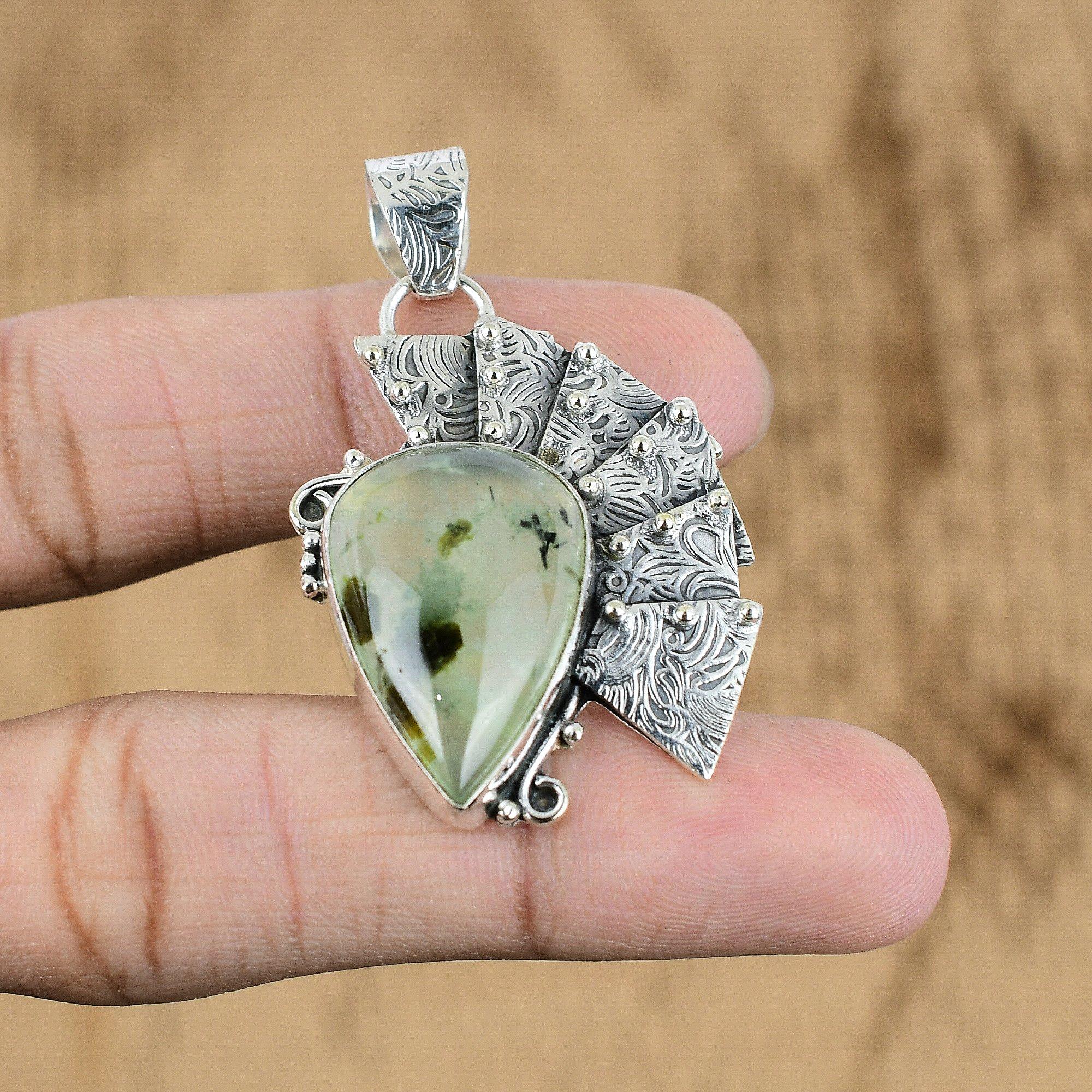 Gift For Her 925 Sterling Silver Natural Moss Prehnite Gemstone Jewelry Pendant