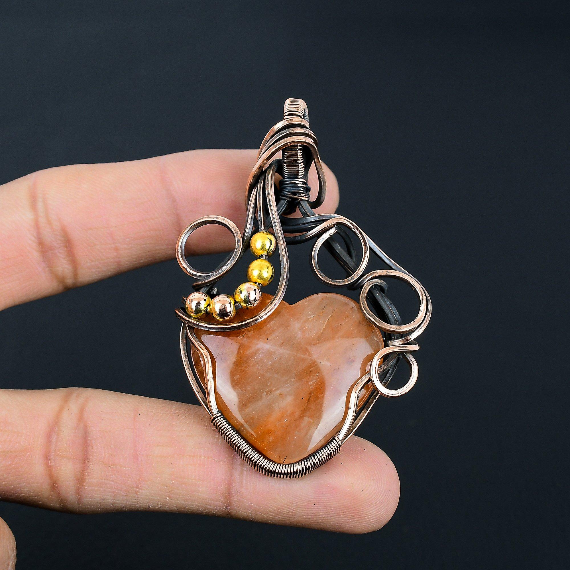 Amazing Sunstone Gemstone Handmade Pure Copper Wire Wrapped Pendant Jewelry