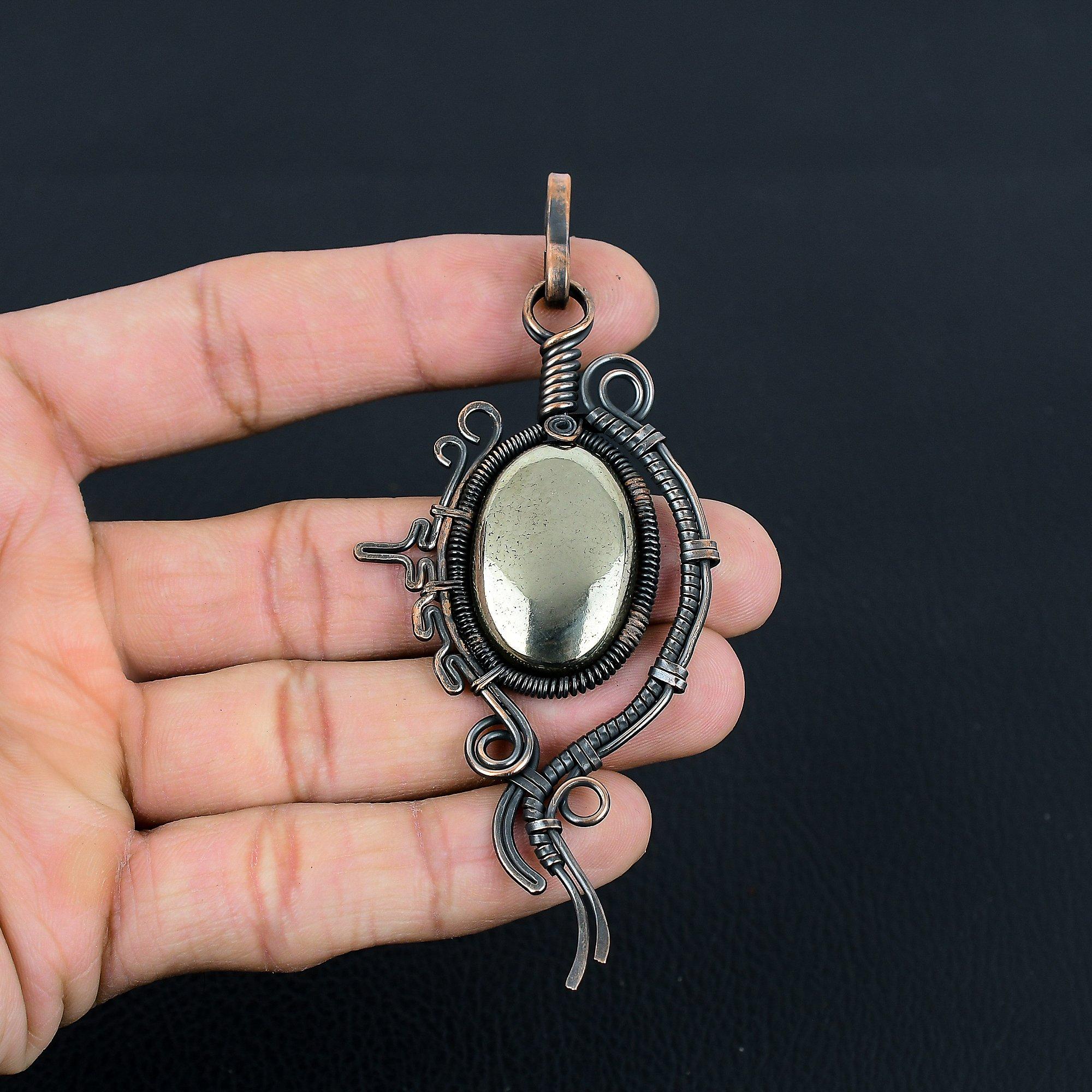 Golden Apache Pyrite Gemstone Handmade Pure Copper Wire Wrap Jewelry Pendant For Love
