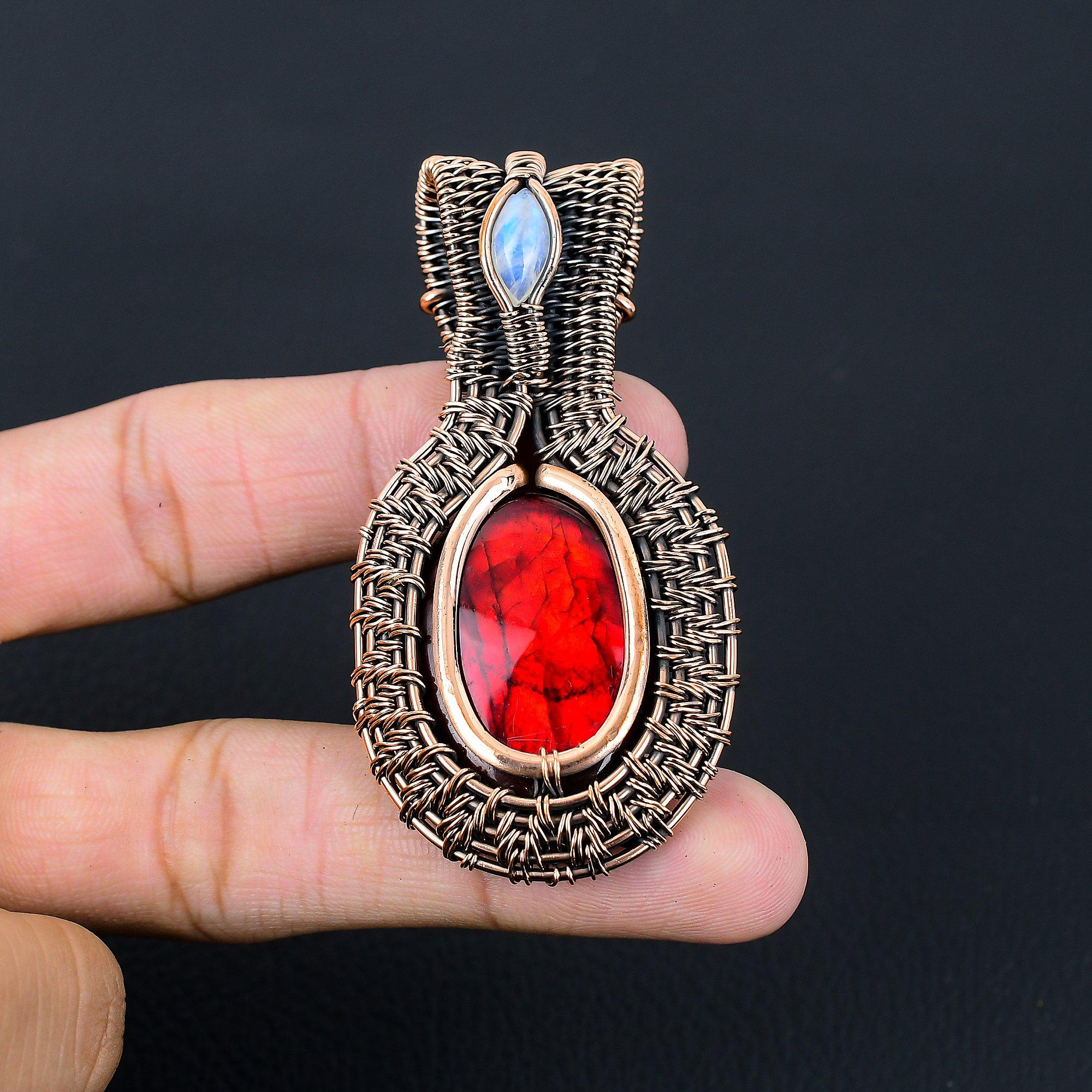 Red Flash Labradorite & Moonstone Gemstone Handmade Pure Copper Wire Wrap Jewelry Pendant