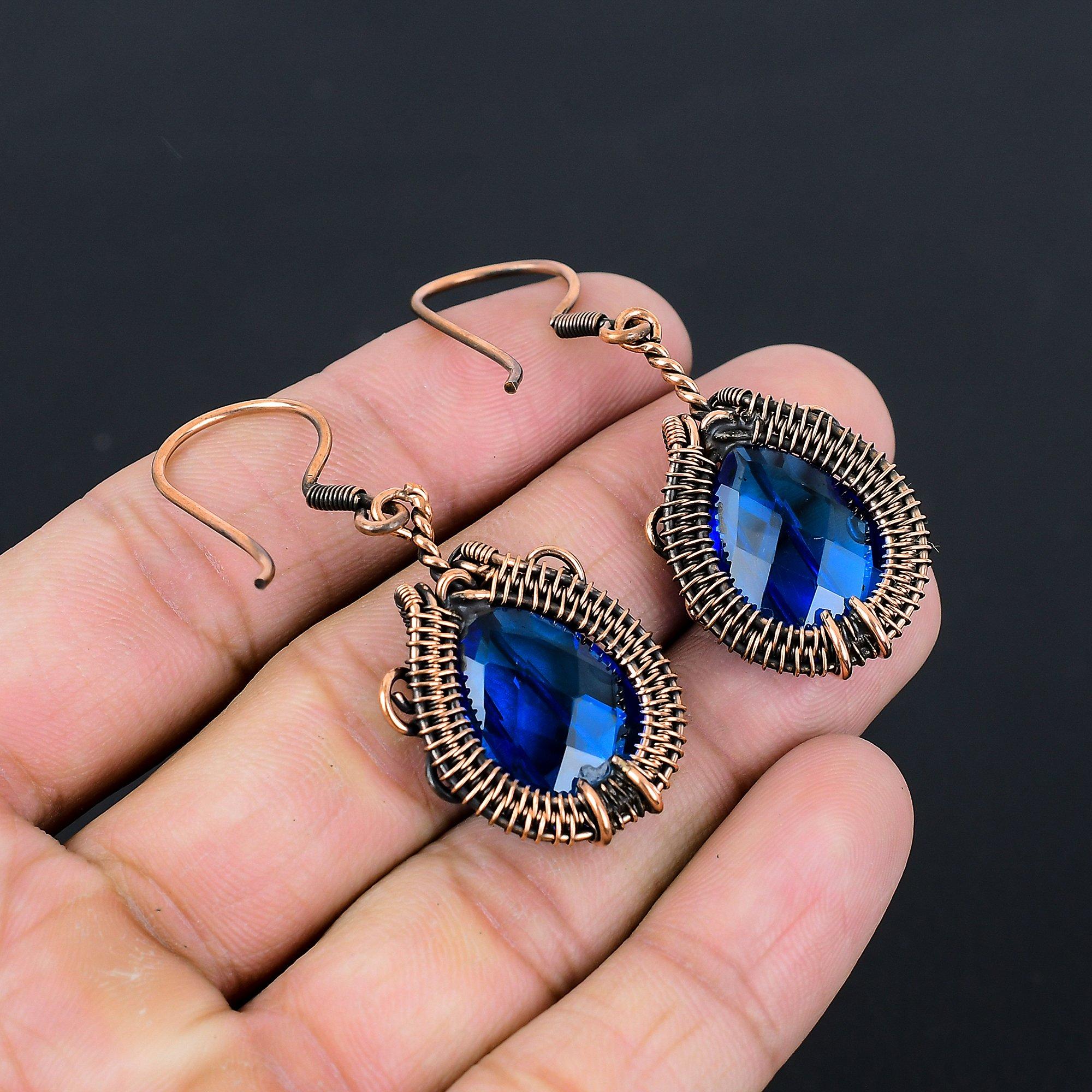 Blue Topaz Gemstone Pure Copper Wire Wrapped Handmade Pendant Jewelry Gift For Her