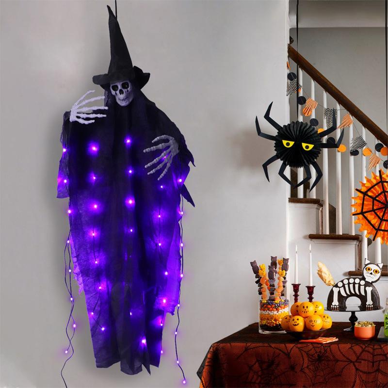 Halloween Hanging Ghost with Spooky Purple LED Light, Halloween Hanging Decoration for Front Yard Patio Lawn Garden Party Decor Indoor Outdoor