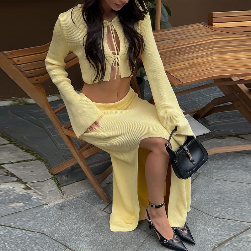 Slim Lace Up Knitted Top Skirts Set Women O-neck Flare Sleeve Hollow Out Crop Tops High Waist Split Skirt Spring Autumn Casual Outfits
