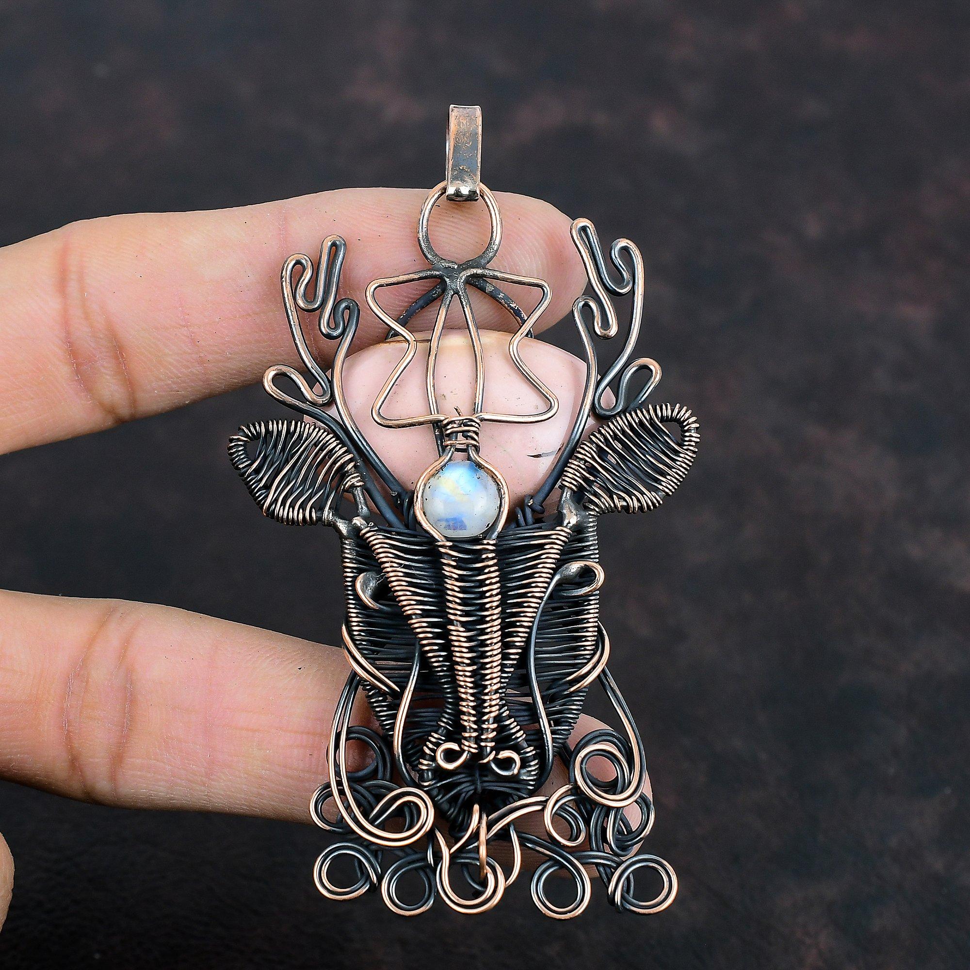 Pink Opal Pendant Rainbow Moonstone Pendant Copper Wire Wrapped Pendant Handmade Jewelry Deer Face Pendant Gemstone Pendant Gifts For Mother
