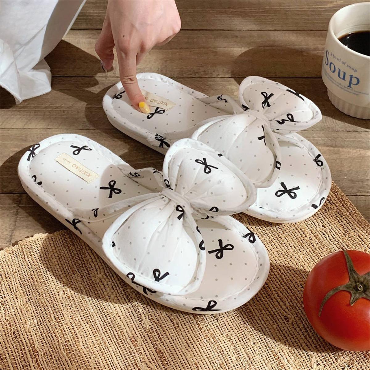 Ladies, Bows, Linen Slippers, Indoor Slippers, Casual Slippers, Comfortable, Cotton and Linen, Floor Shoes