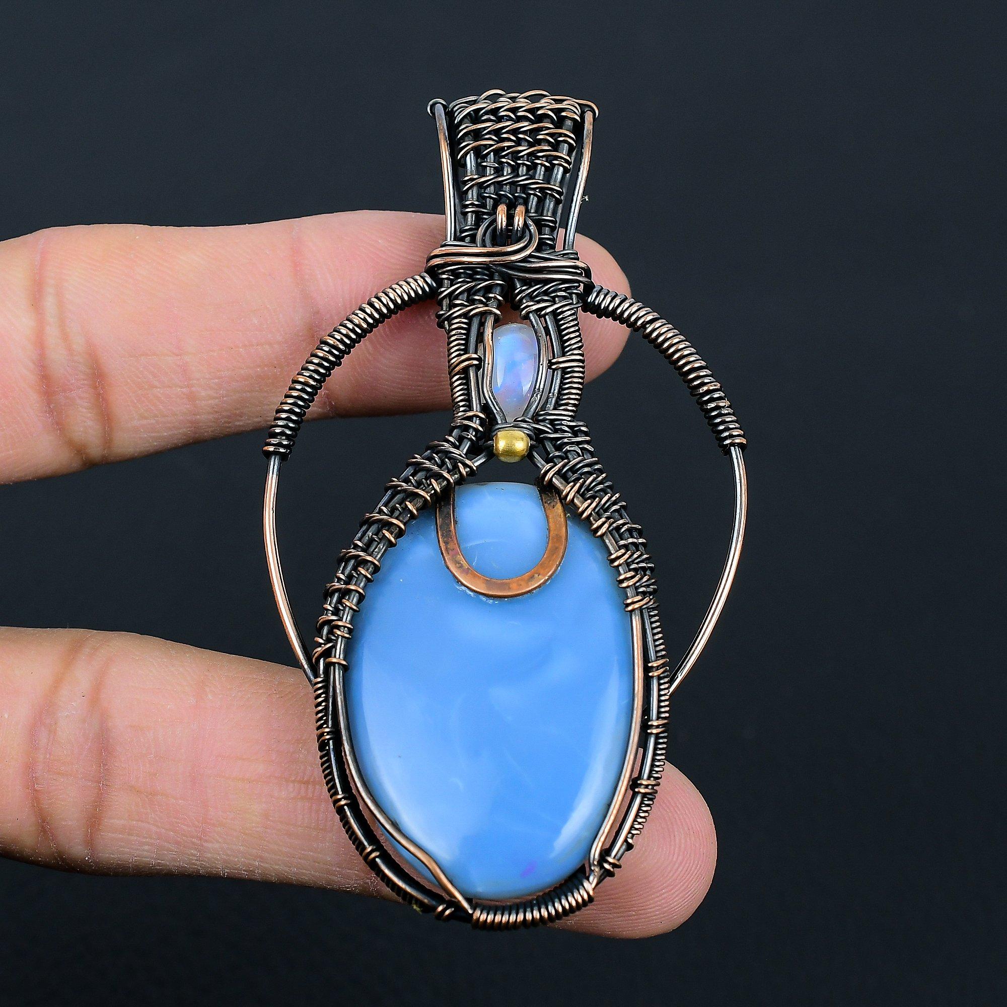 Owyhee Opal & Moonstone Gemstone Handmade Copper Wire Wrap Jewelry Gorgeous Pendant For Love