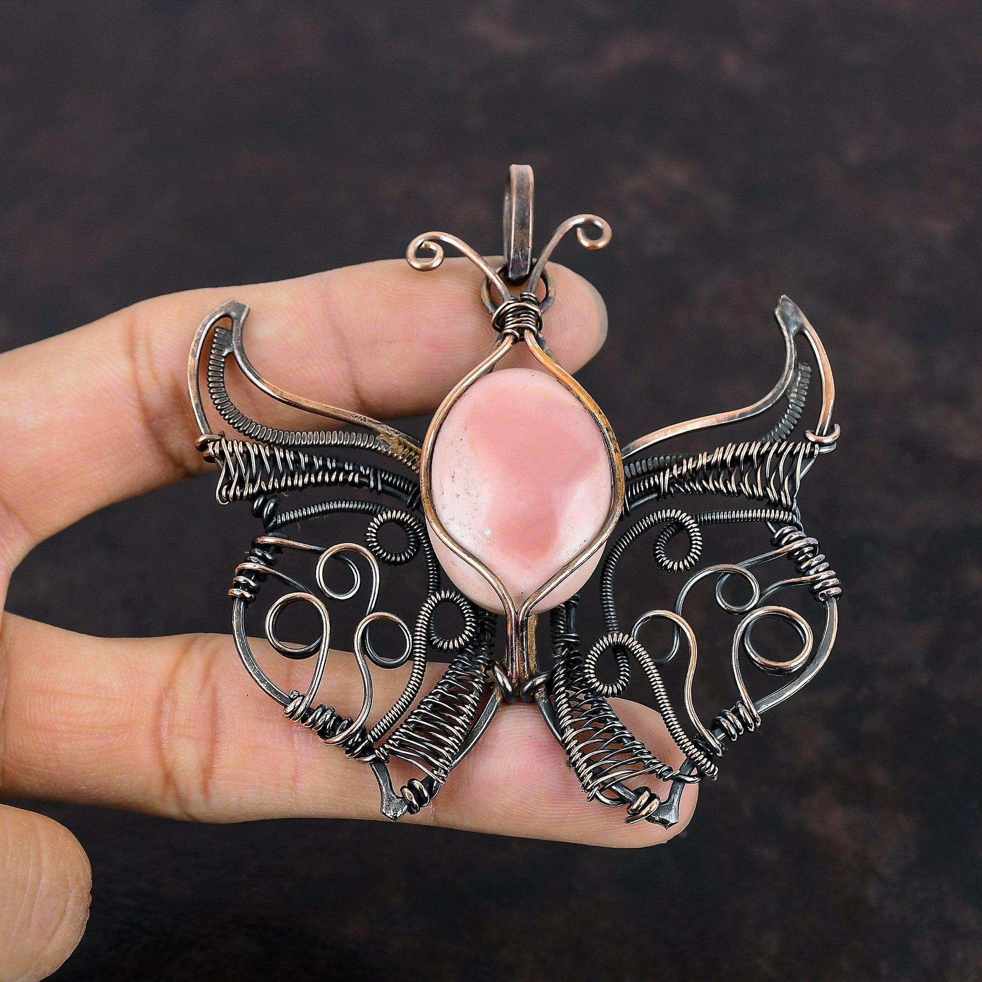Pink Opal Pendant Copper Wire Wrapped Gemstone Pendant Butterfly Pendant Copper Jewelry Handmade Pendant Wire Wrapping Jewelry Gifts For Mom