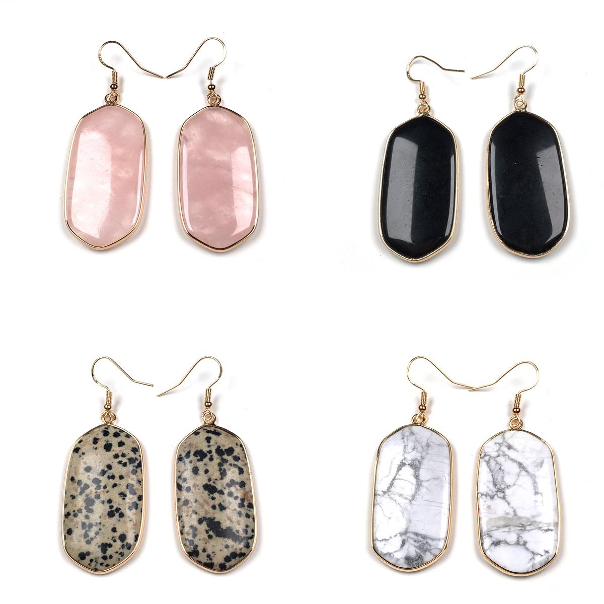 1 Pair Natural Stone Earrings, Eardrop Rhombus Golden Rim Rose Quartz Turquoise Agate Gemstone Earrings for Women Men Daily Wear Jewelry Gifts 23×48mm
