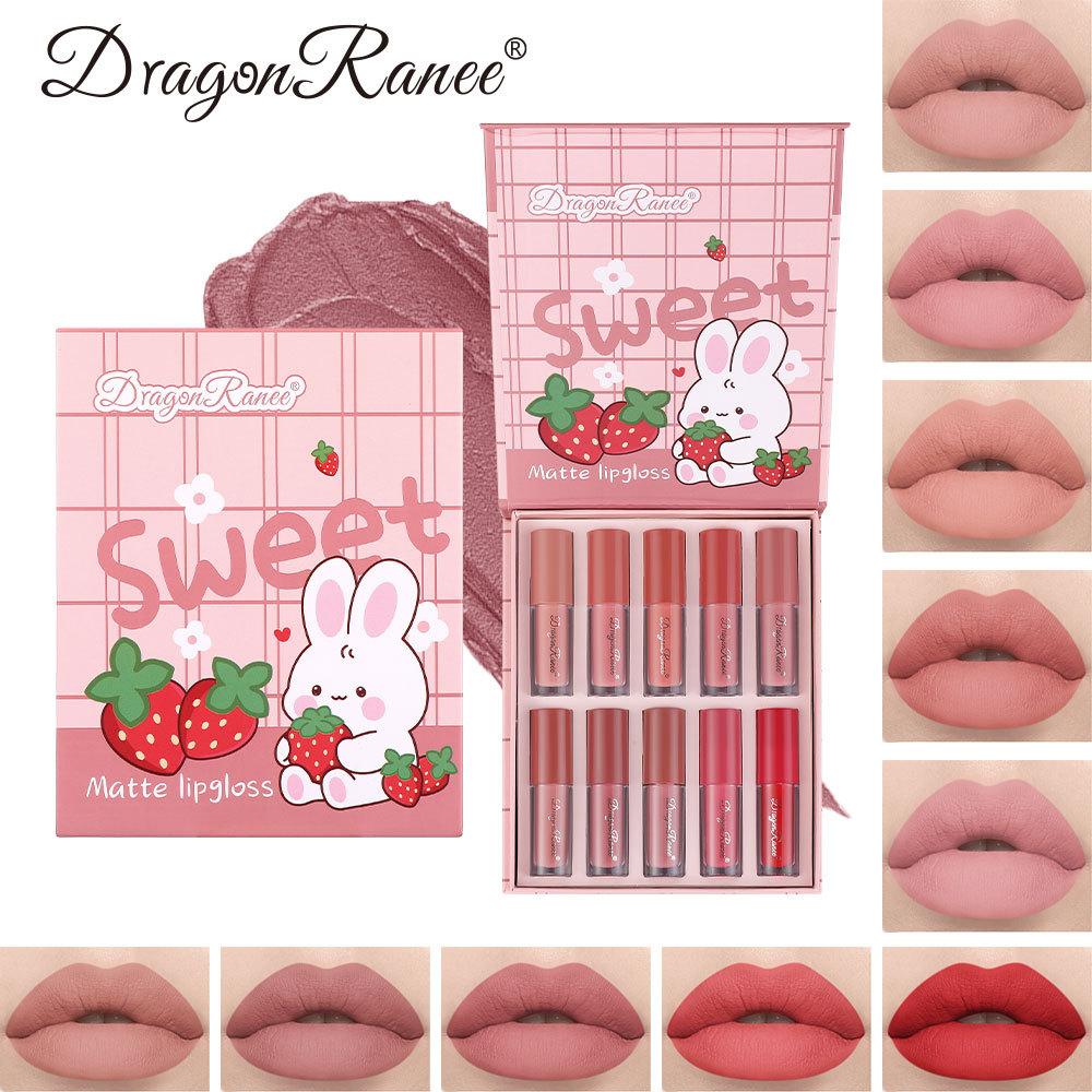 10-piece Lip Gloss Cartoon Set, Not Easy To Stick To Cups, Velvet Matte Lip Gloss Liquid Waterproof Lipstick Matte Cute Set Box