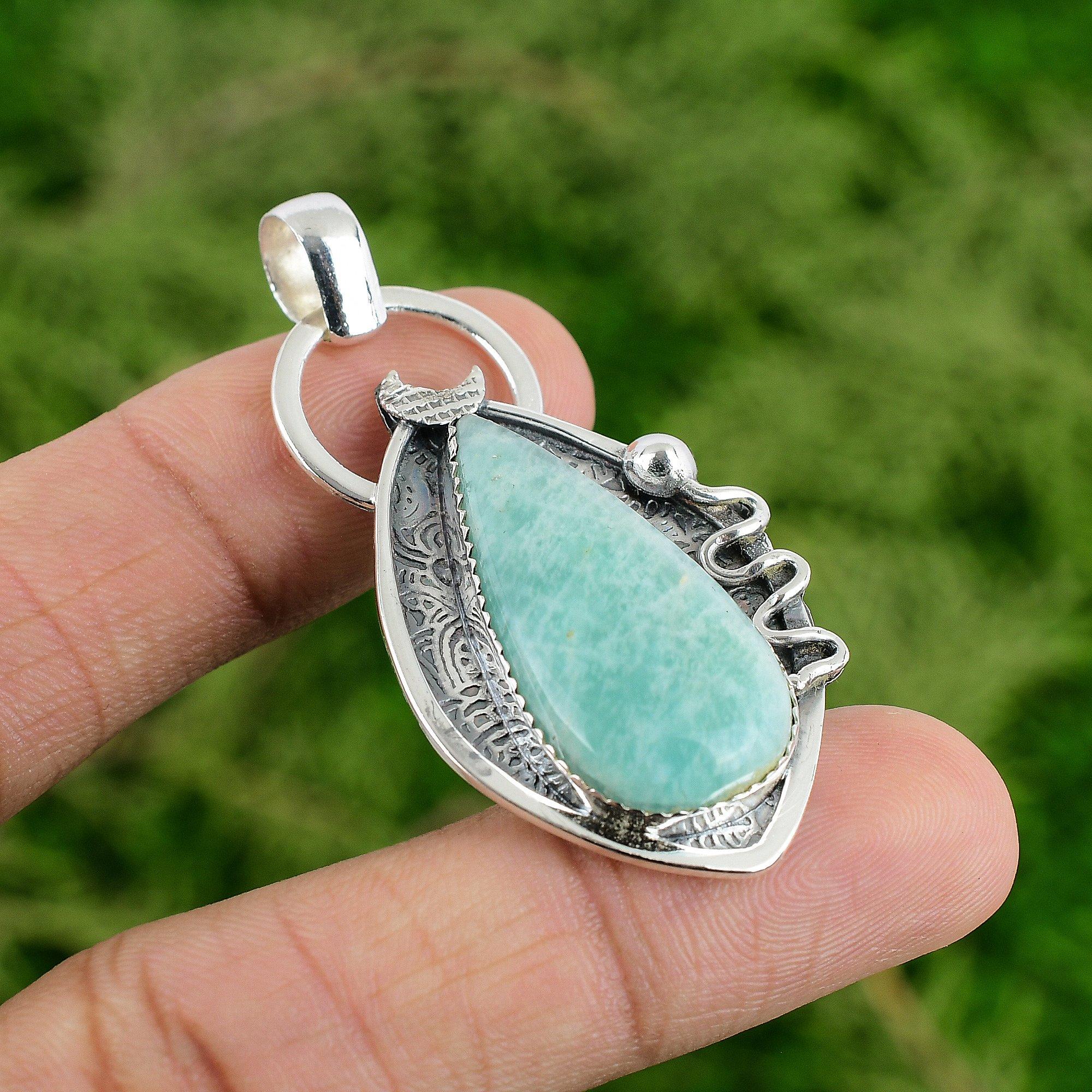 Daughters Day Sale Pear Amazonite Gemstone Sterling Silver Heart Chakra Pendant