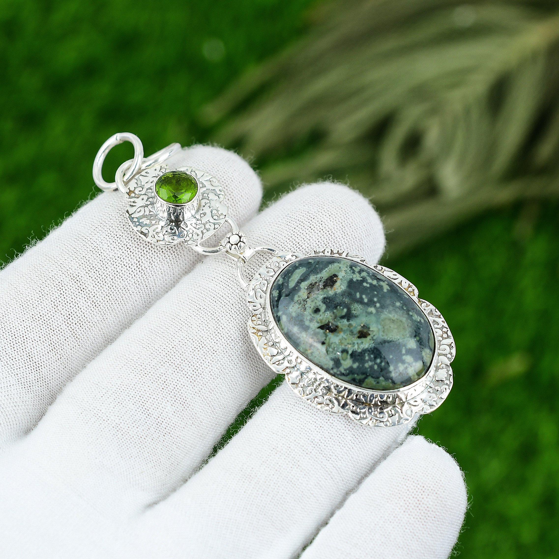 Natural Ocean Jasper Gemstone Pendant 925 Sterling Silver Indian Jewelry